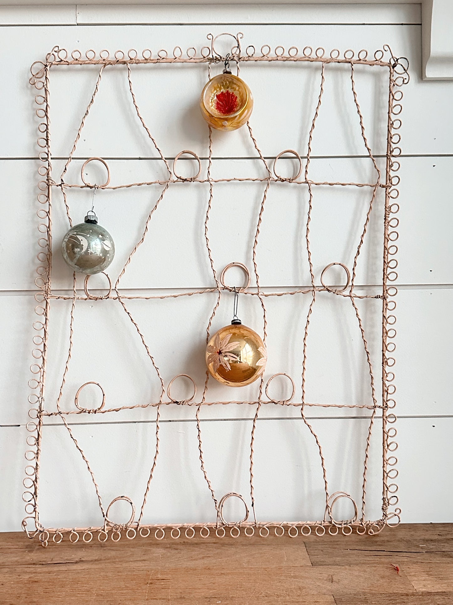 Vintage Chippy Wire Card Holder and Vintage Ornaments