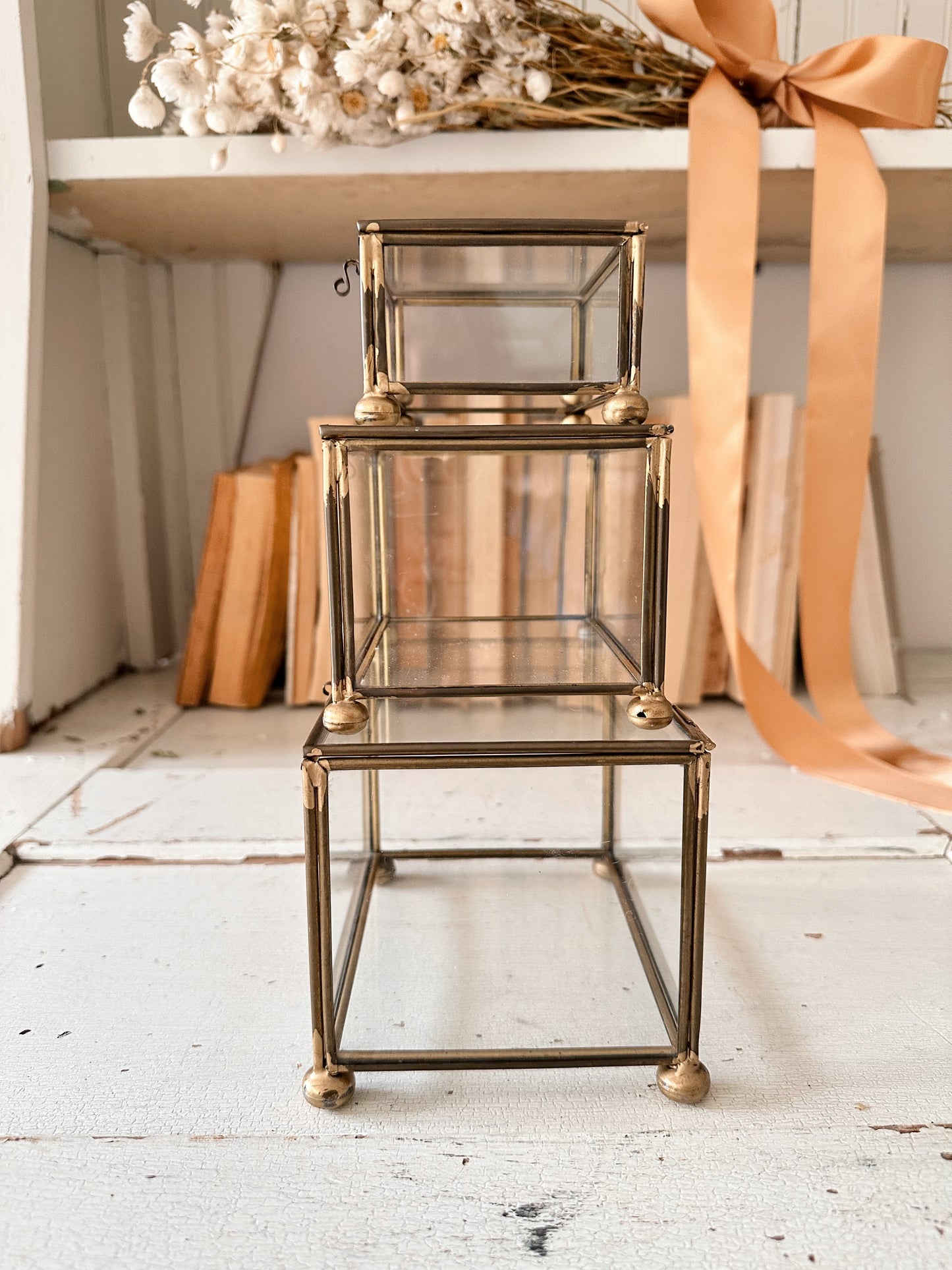 Collection of Three Found Dainty Brass & Glass Boxes