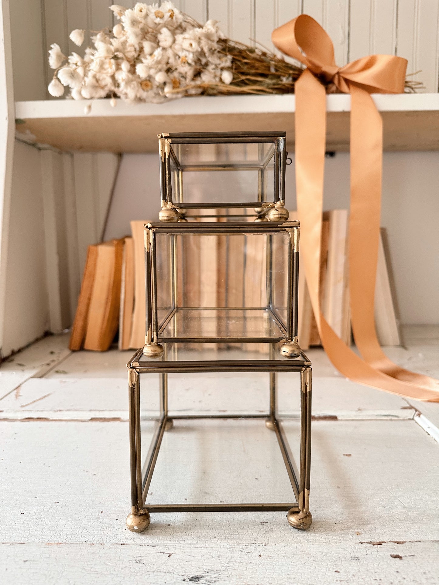 Collection of Three Found Dainty Brass & Glass Boxes