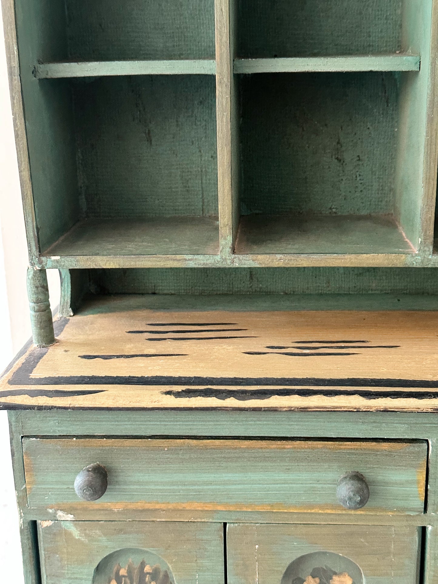 Vintage Tabletop Size Folk Art Painted Hutch