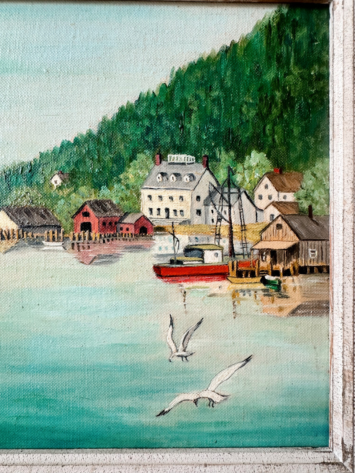 Beautifully Wood Framed Original Signed Seaside Village Painting, 1955