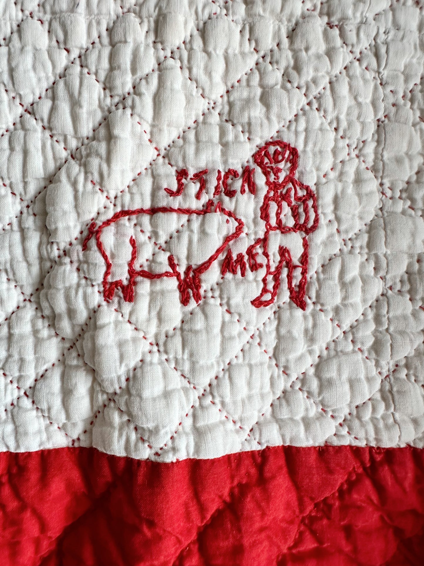Antique Early 20th Century Redwork Embroidered Hand-Quilted Quilt