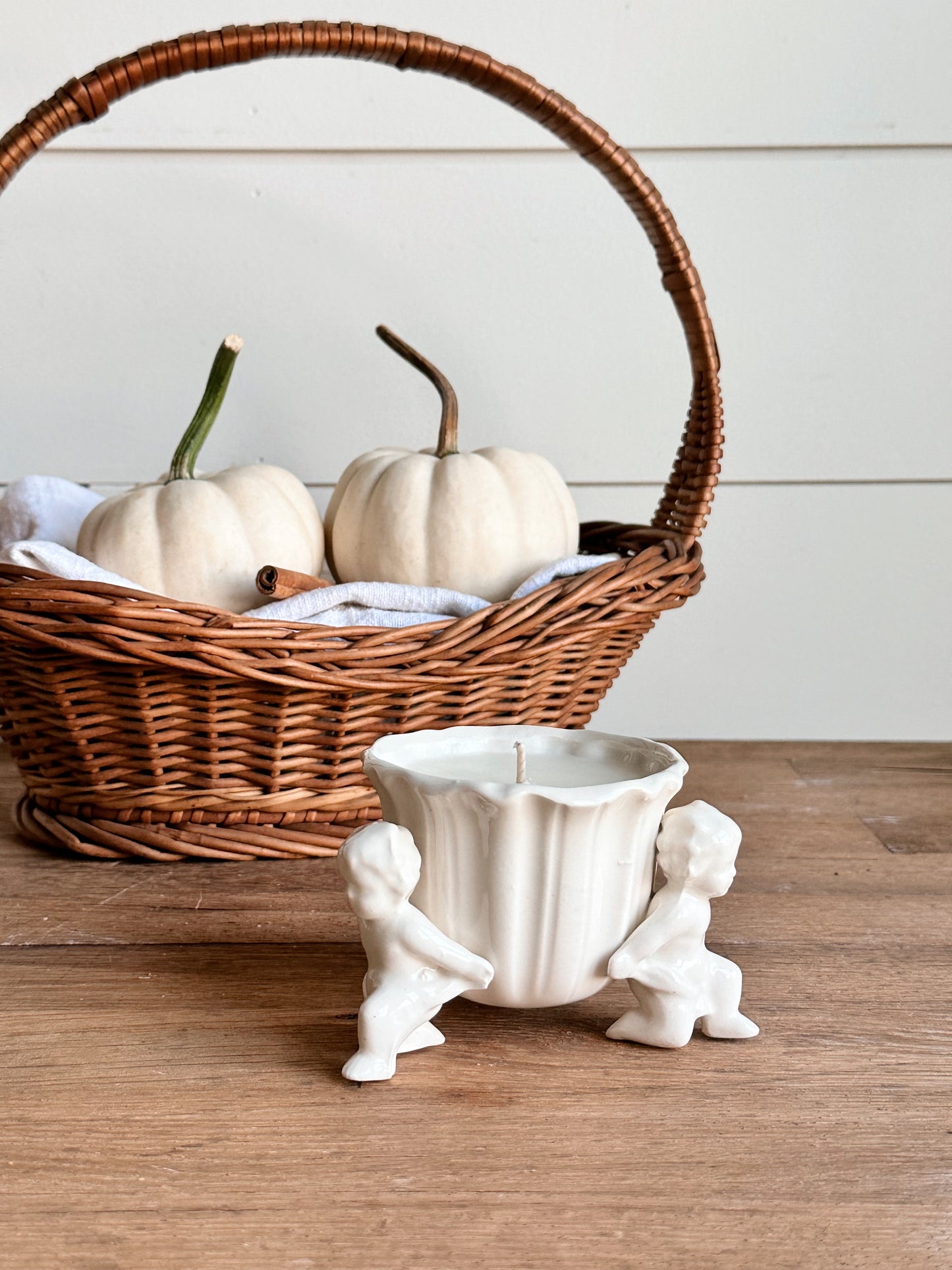 Hand Poured Pumpkin Chai Candle in a Vintage Cherub Planter