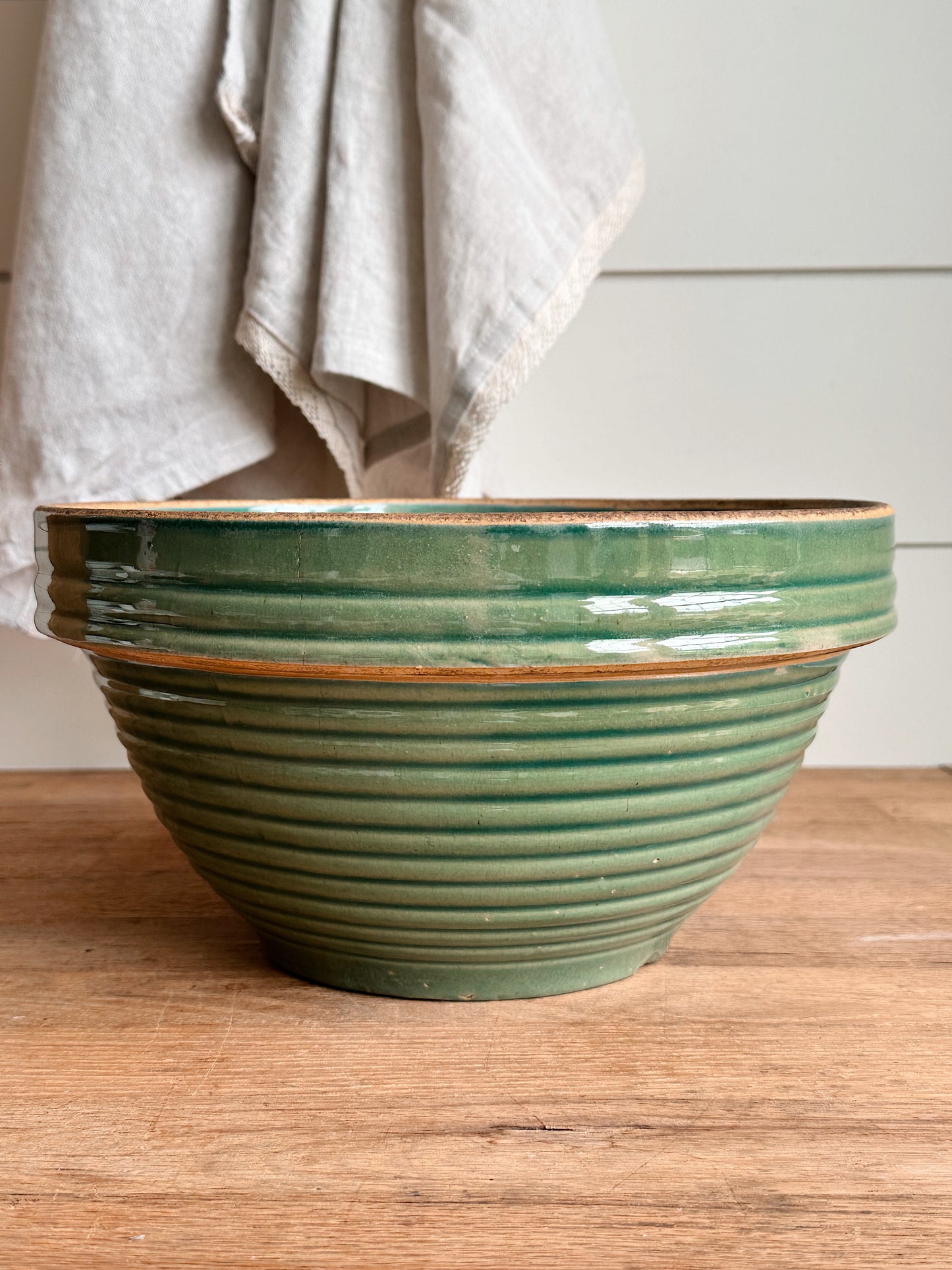 Big Beautiful Vintage Green Ribbed Stoneware Bowl