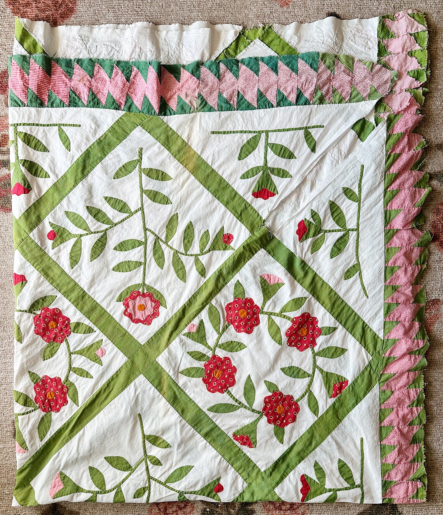 Vintage Hand Appliqué Flower Trellis Quilt Top