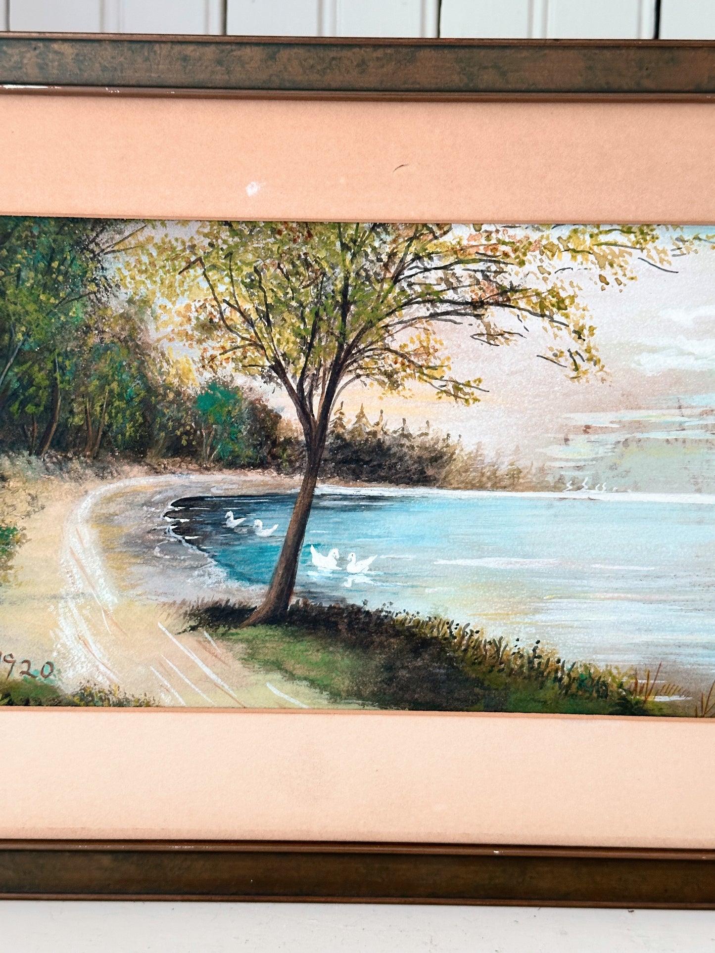 Original 1920 Antique Painting (lake with swans)