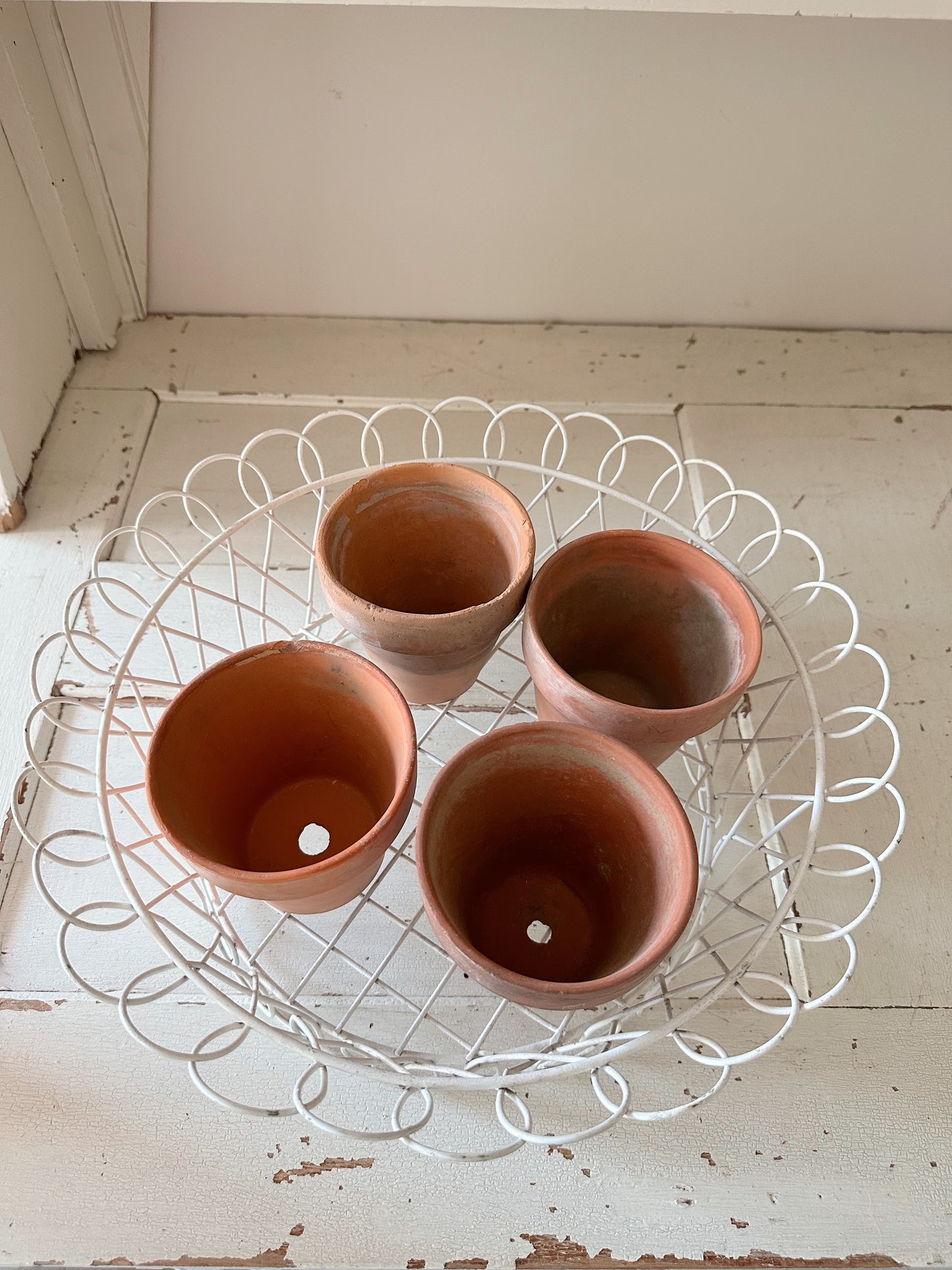 Vintage Chippy Wire Basket & Worn Terra Cotta Pots