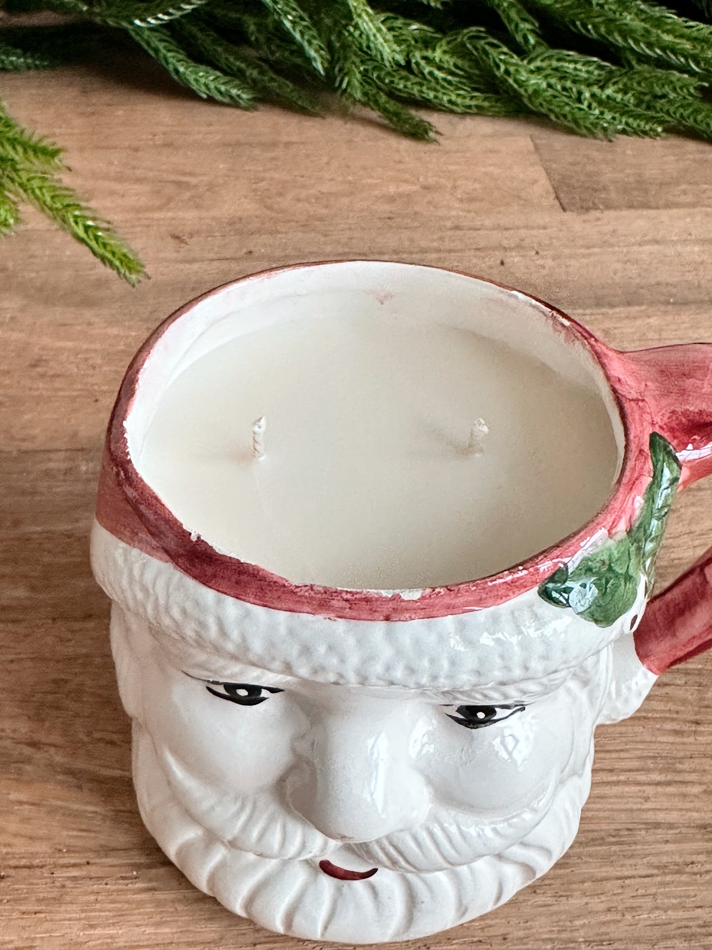 Hand Poured Peppermint Latte Candle in a Hand Painted Santa Mug