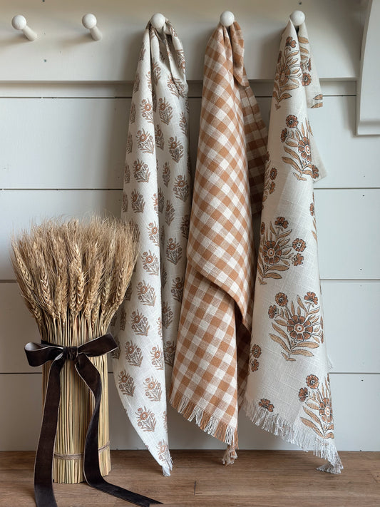 Set of Three Block Print and Gingham Tea Towels (pumpkin)