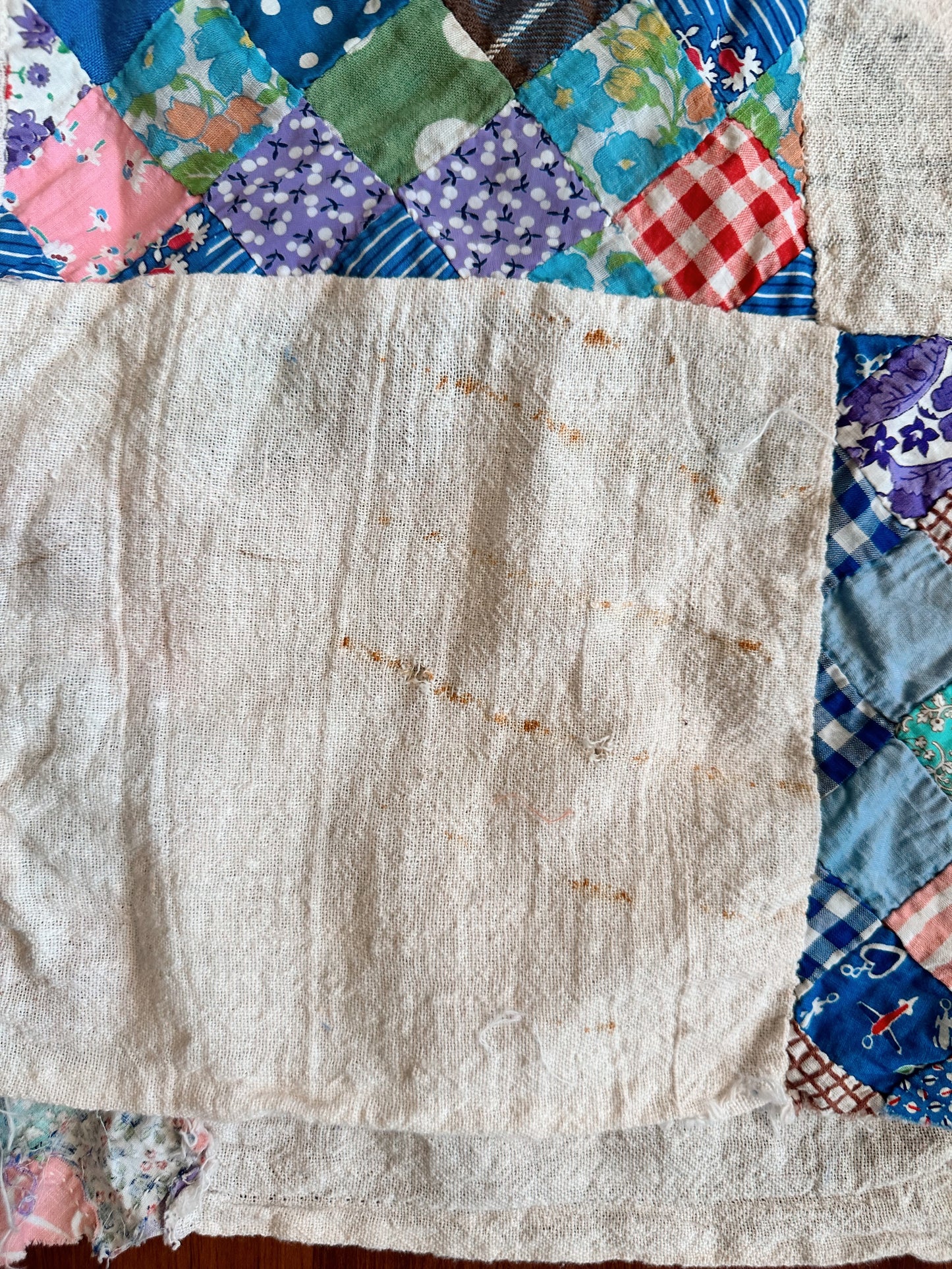 Depression Era Patchwork Scrap Utility Quilt Top With Repurposed Industrial Sack Borders