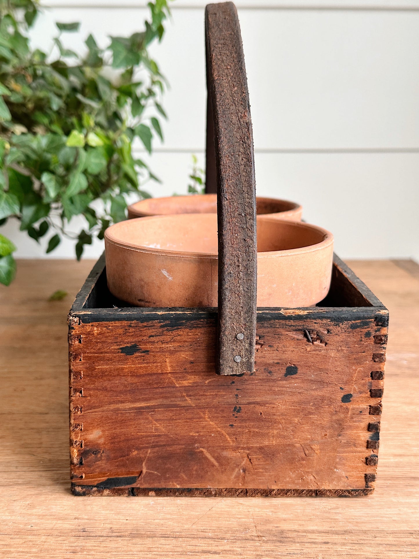 Vintage Handmade “Yeast Foam”Wood Caddy & Pots