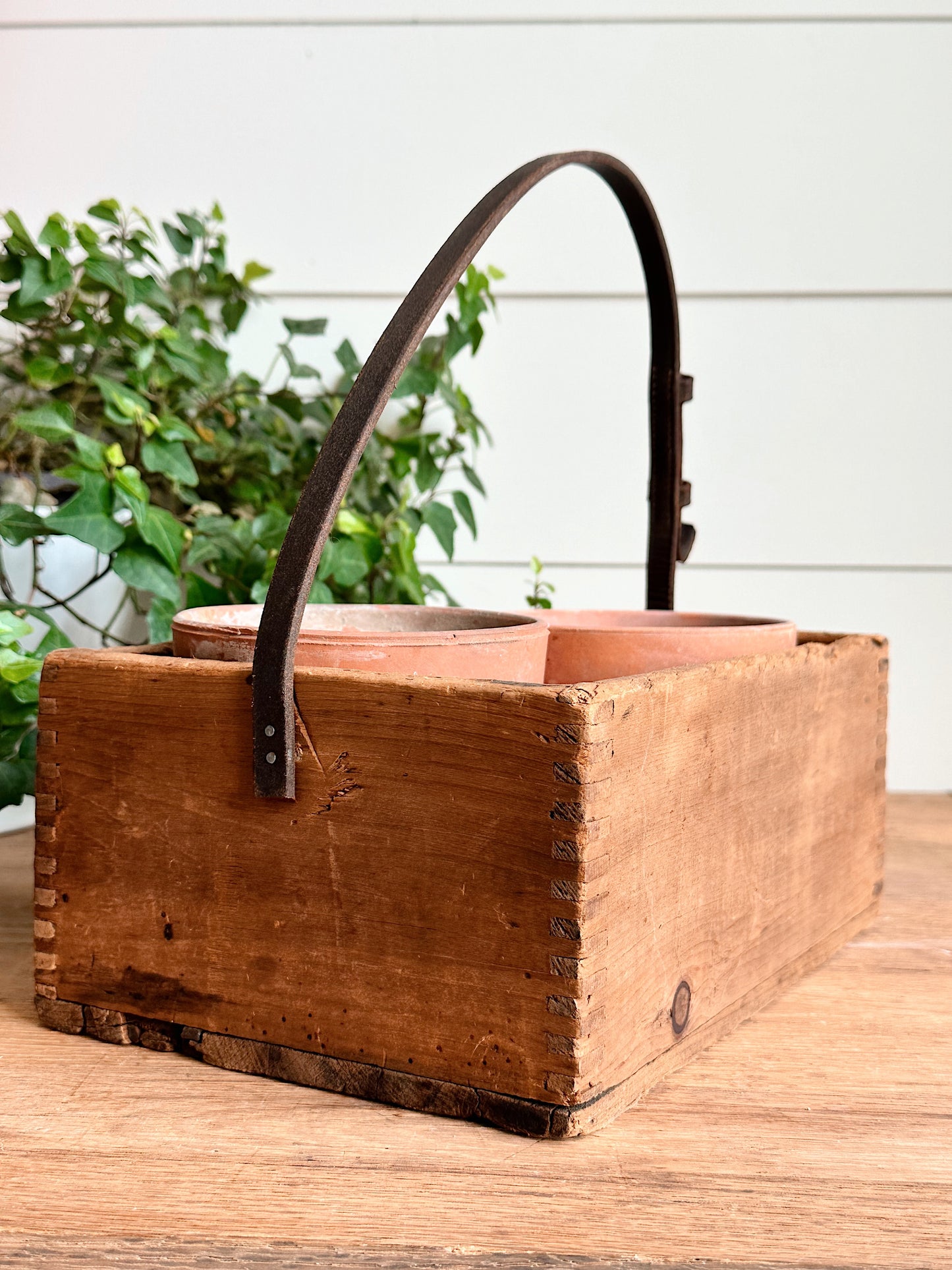 Vintage Handmade Advertising Wood Caddy & Pots