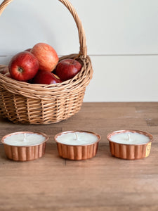 Set of Hand Poured Apple Orchard, Pumpkin Chai, and Pralines & Caramel Candles in Vintage Copper Guild Molds