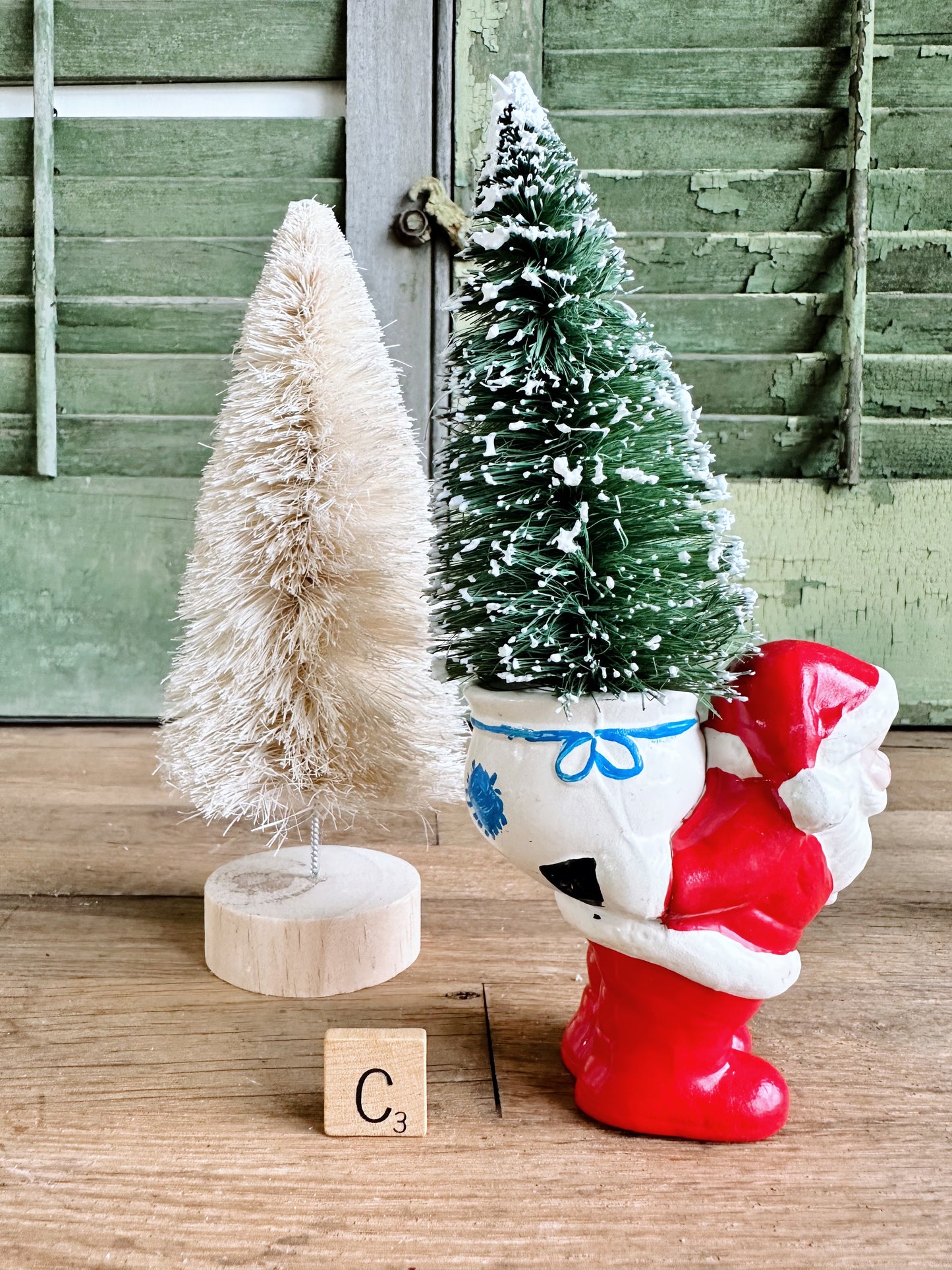 Vintage Hand Painted Santa & Bottlebrush Tree