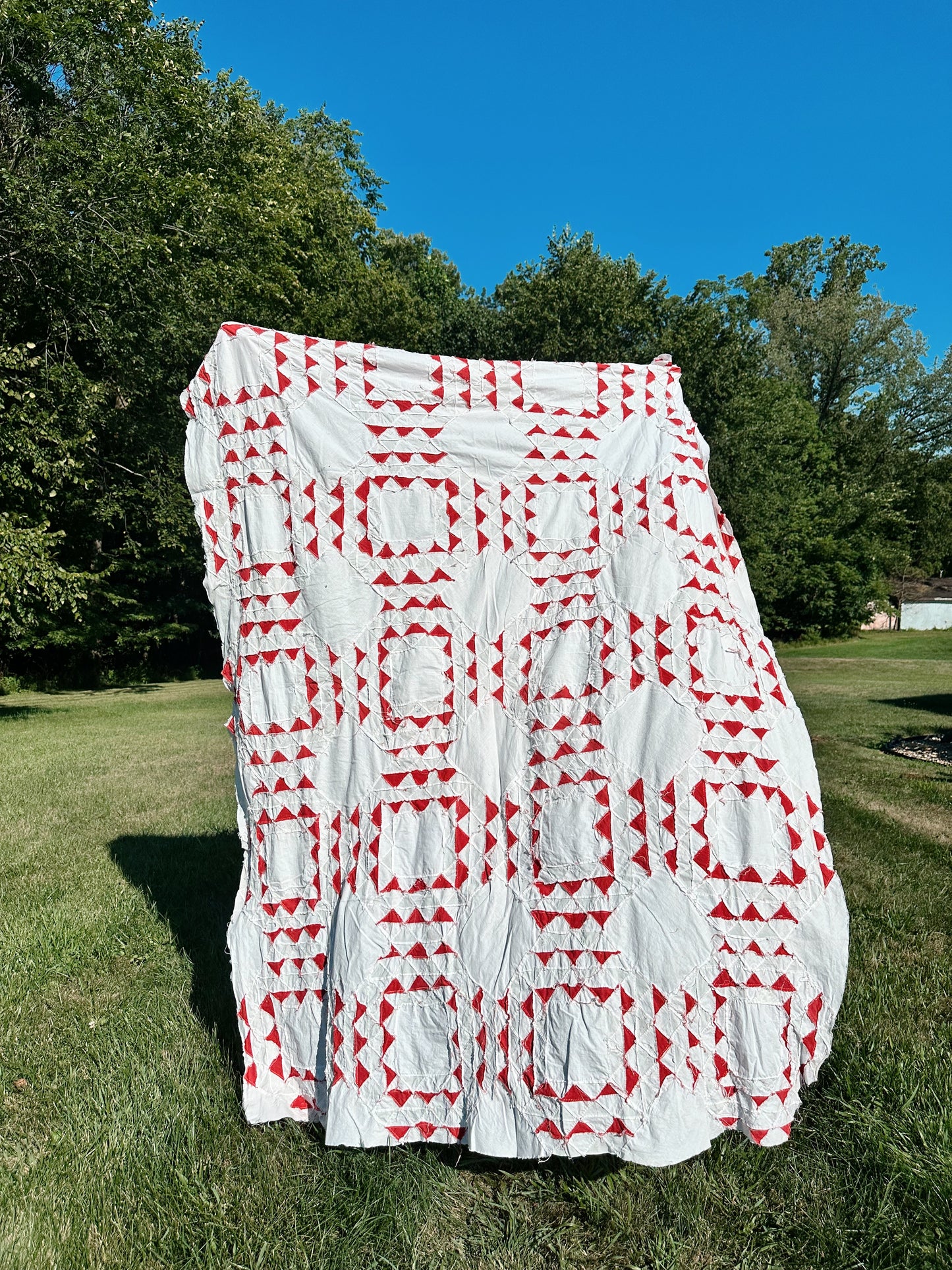 Antique Hand Pieced Turkey Red & White Sawtooth Quilt Top