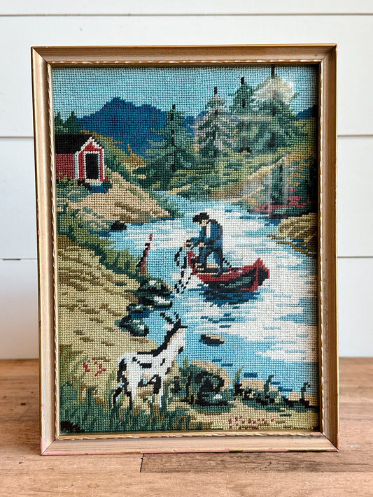 Vintage Framed Needlework, River Scene