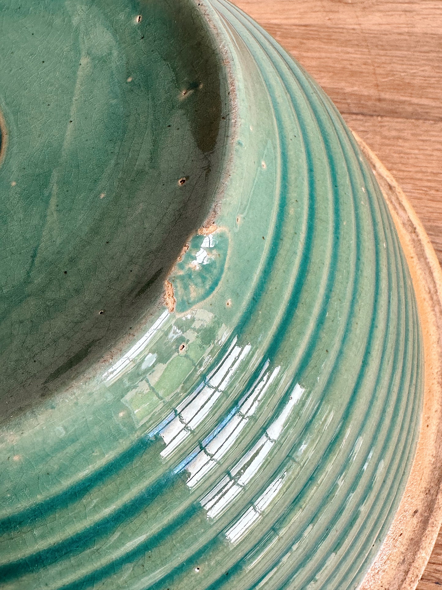 Big Beautiful Vintage Green Ribbed Stoneware Bowl