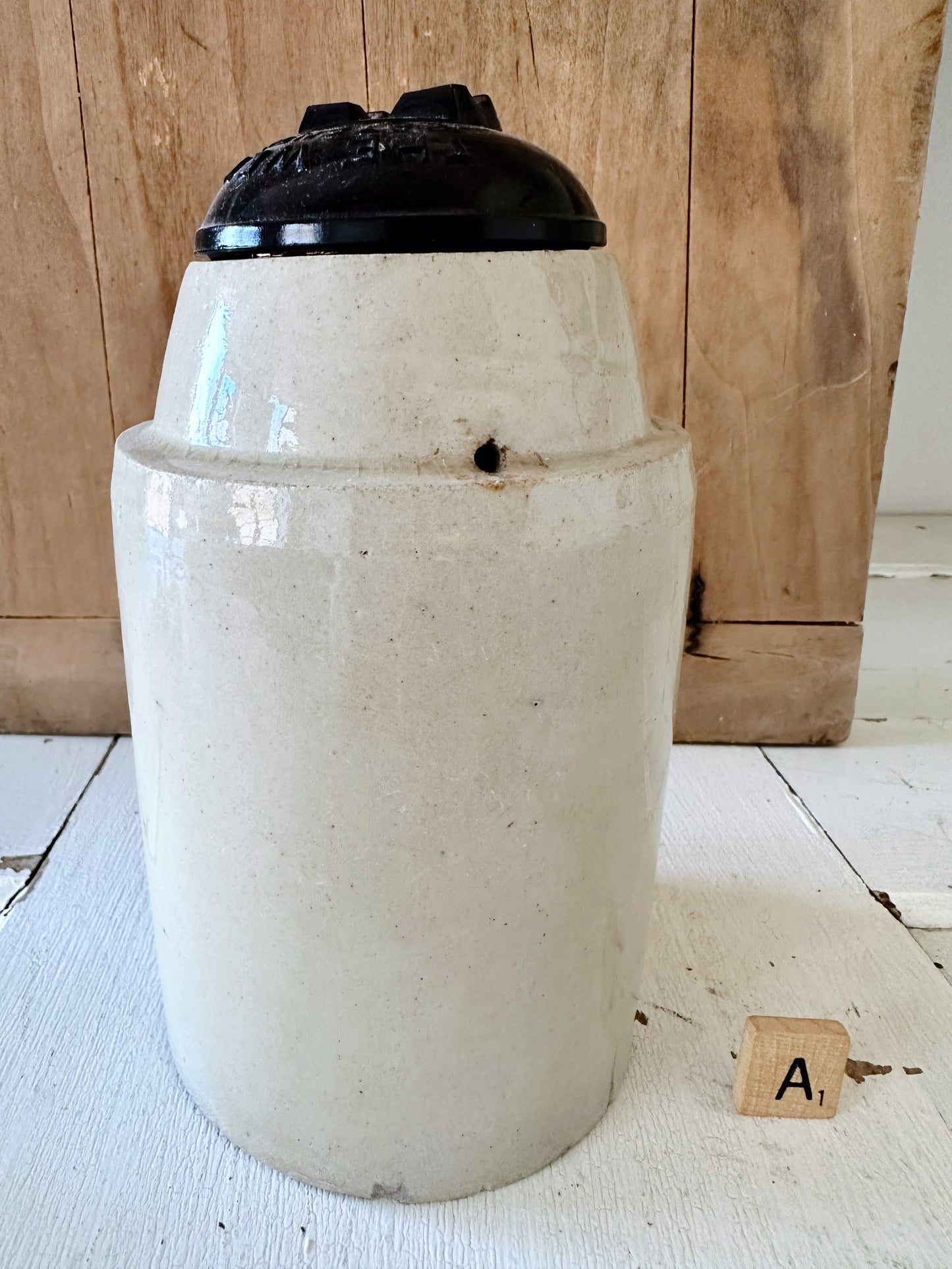 Antique Canning Crock with Amber Glass Lid