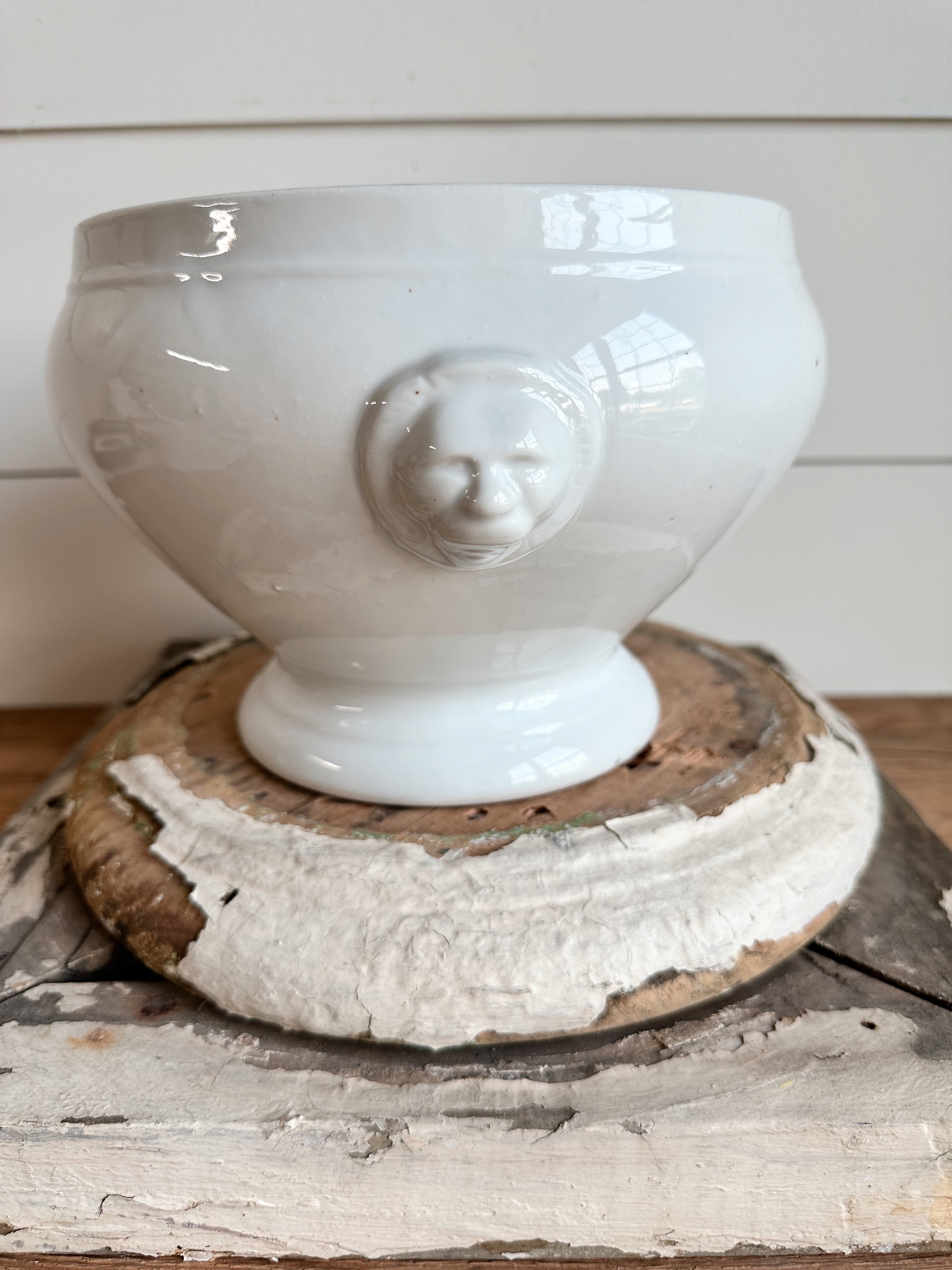 Antique French Heavy Porcelain Lion Head Soupiere / Tureen