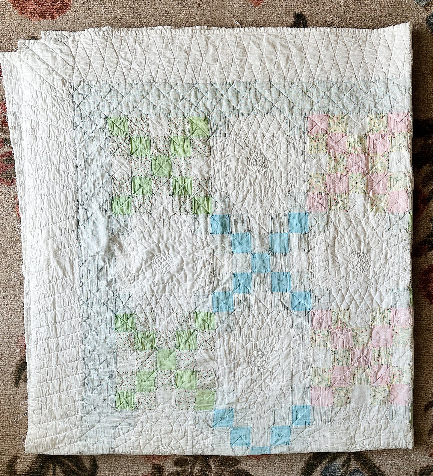 Vintage Hand Stitched Pastel Irish Chain Variation Quilt