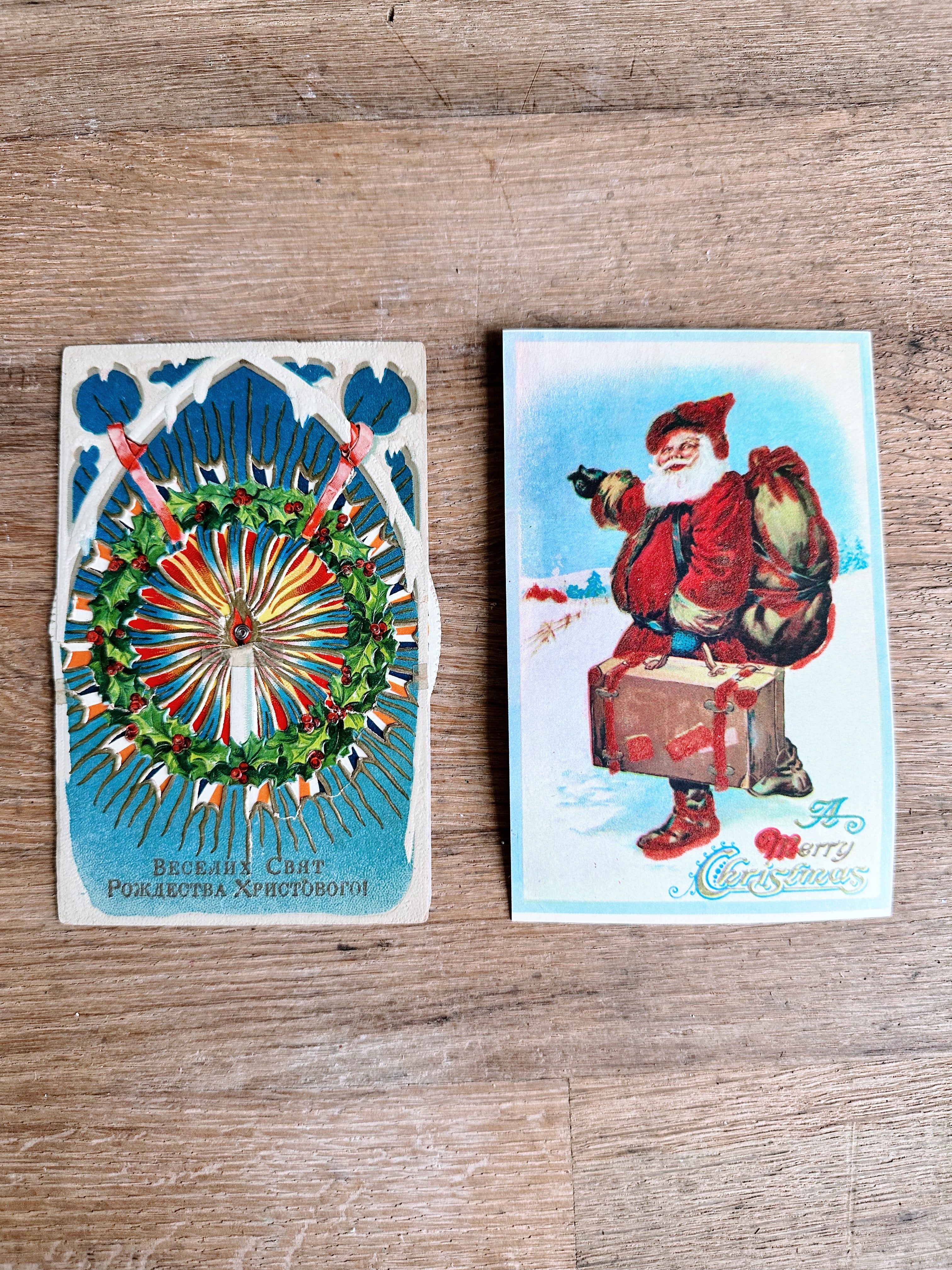 Vintage Chip Holder/Christmas Card Holder with Two Vintage Postcards