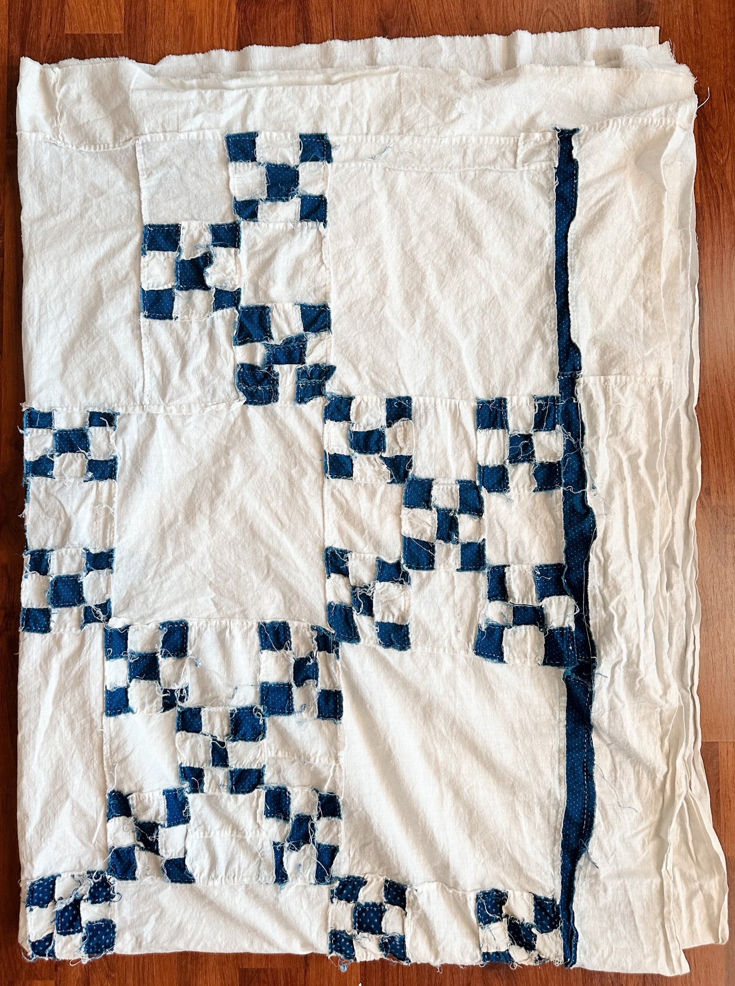 Vintage Hand Stitched Blue & White Double Irish Chain Quilt Top