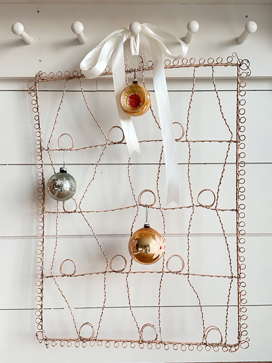 Vintage Chippy Wire Card Holder and Vintage Ornaments
