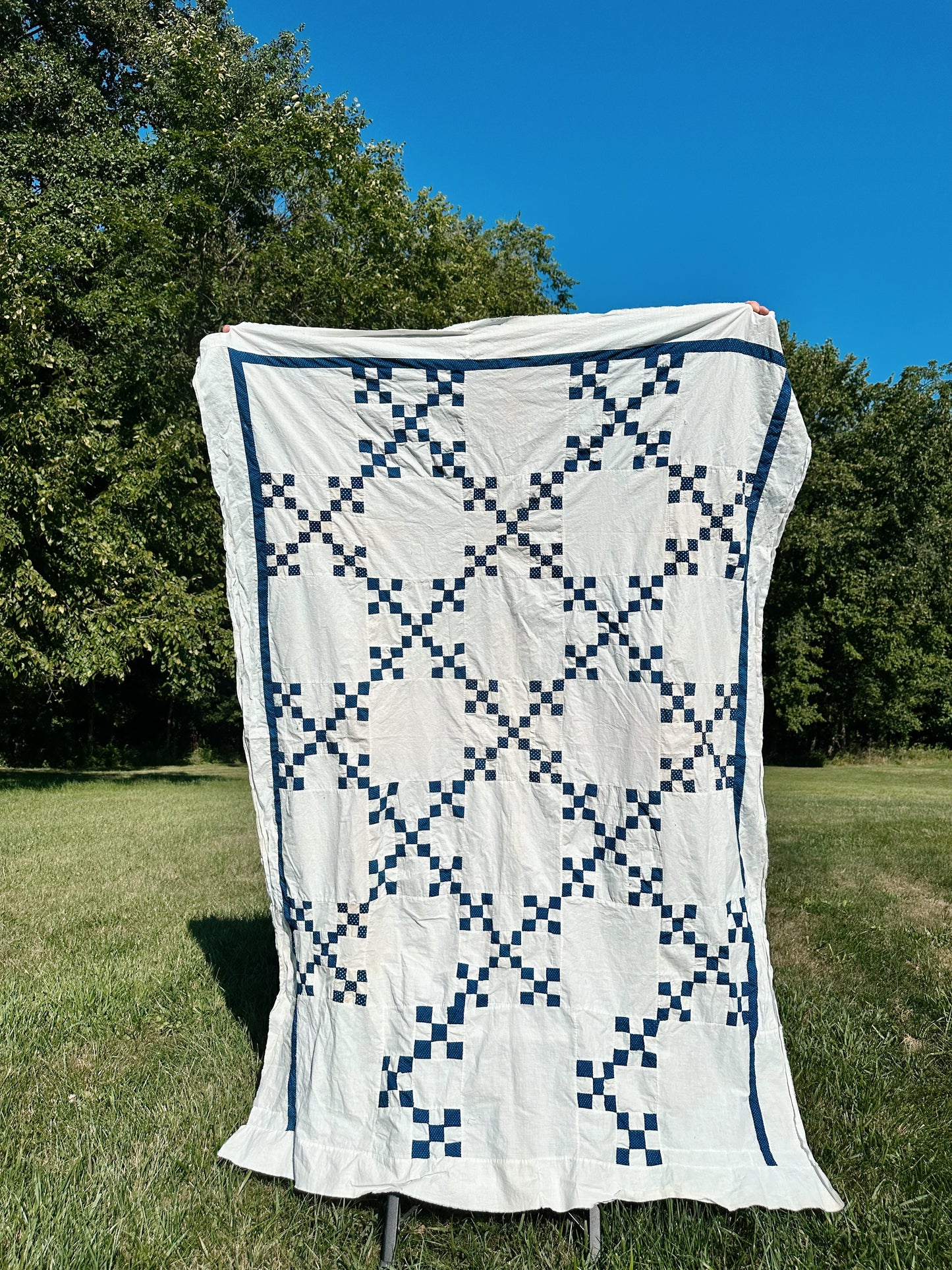 Vintage Hand Stitched Blue & White Double Irish Chain Quilt Top