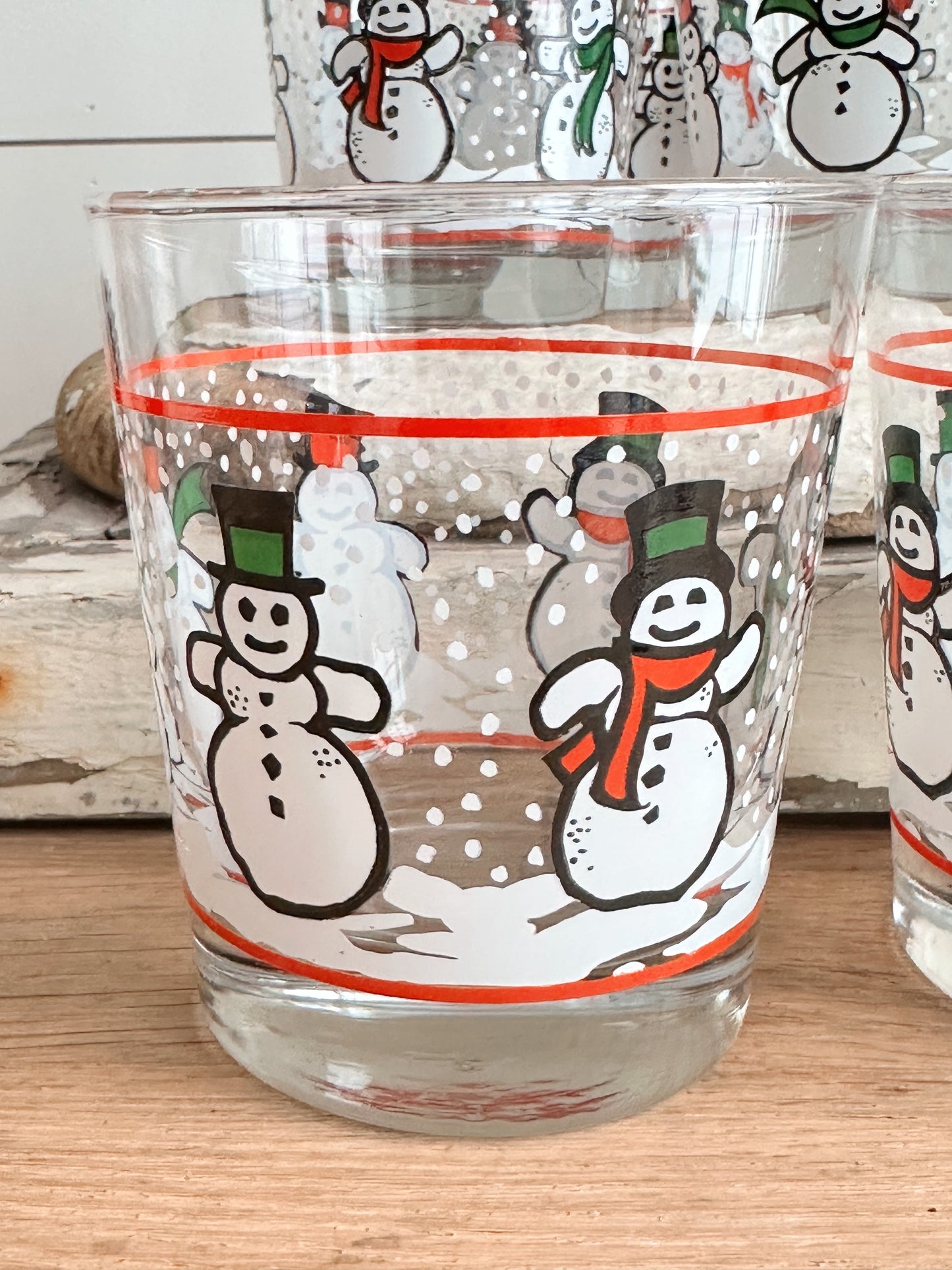 Set of Six Vintage Libby Lowball Snowman Glasses