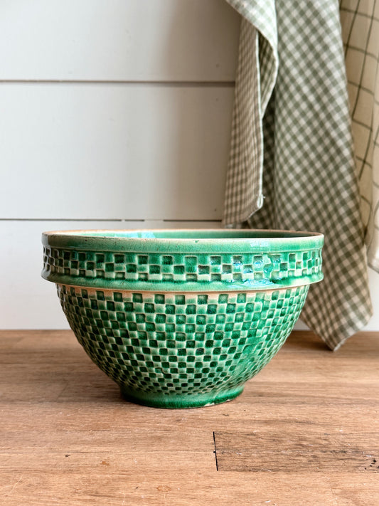 Vintage Green Checkerboard Stoneware Bowl