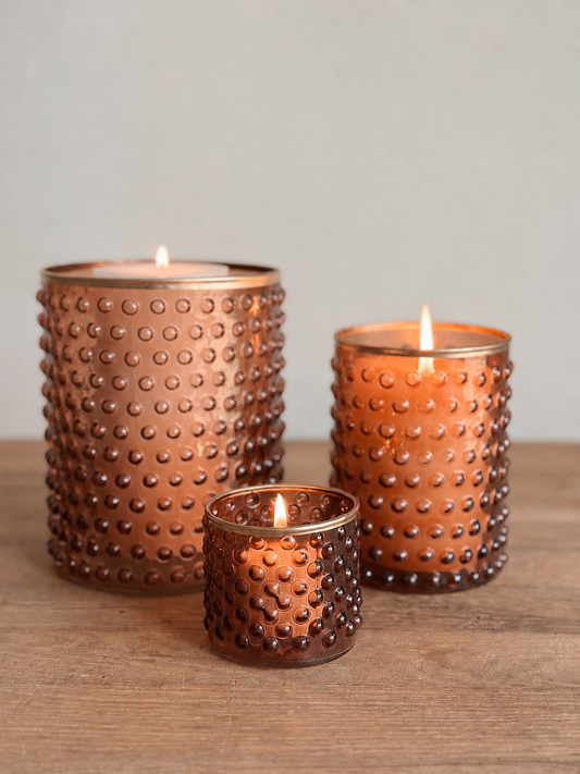 Collection of Brown Glass Hobnail Hurricanes
