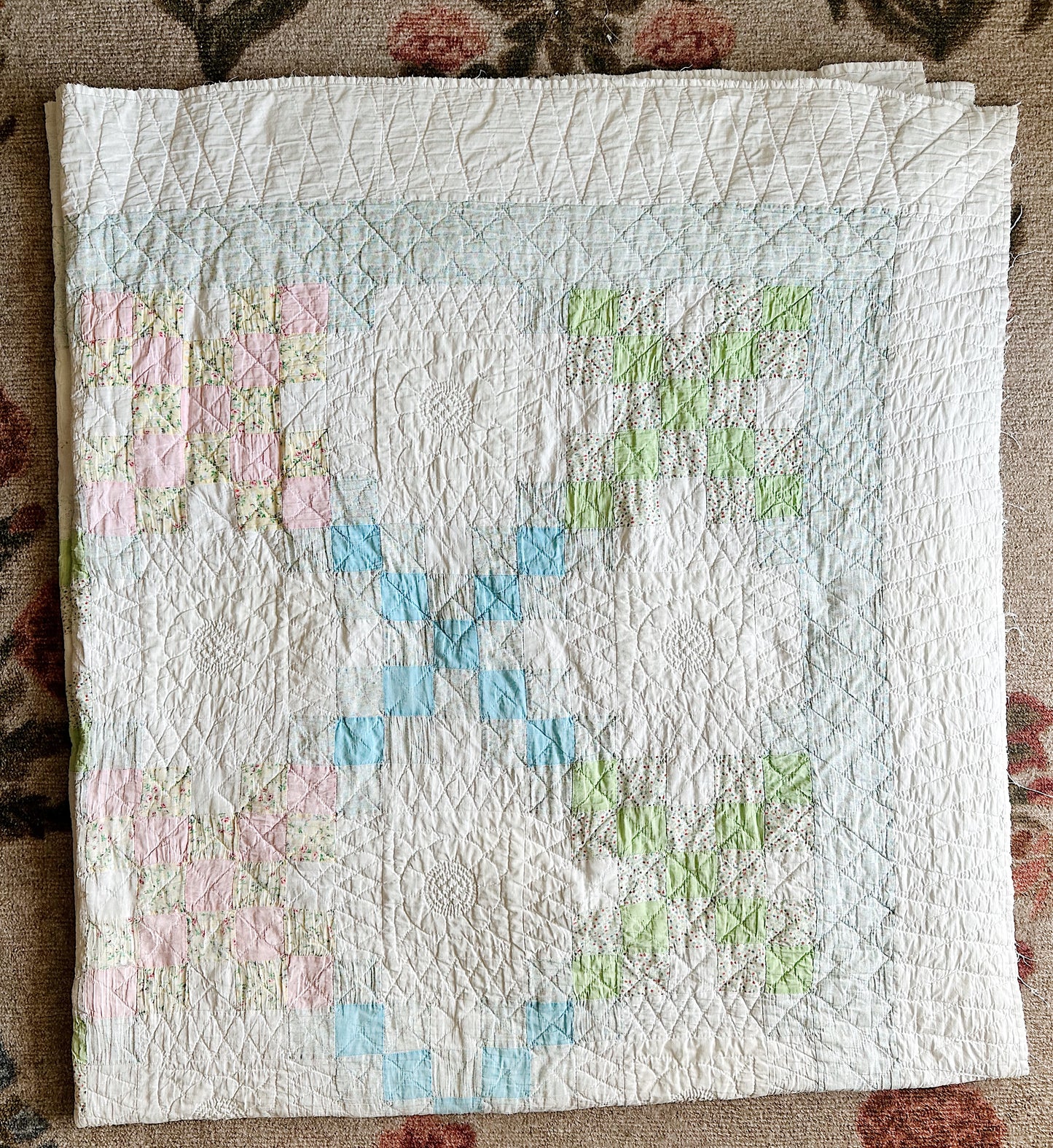Vintage Hand Stitched Pastel Irish Chain Variation Quilt