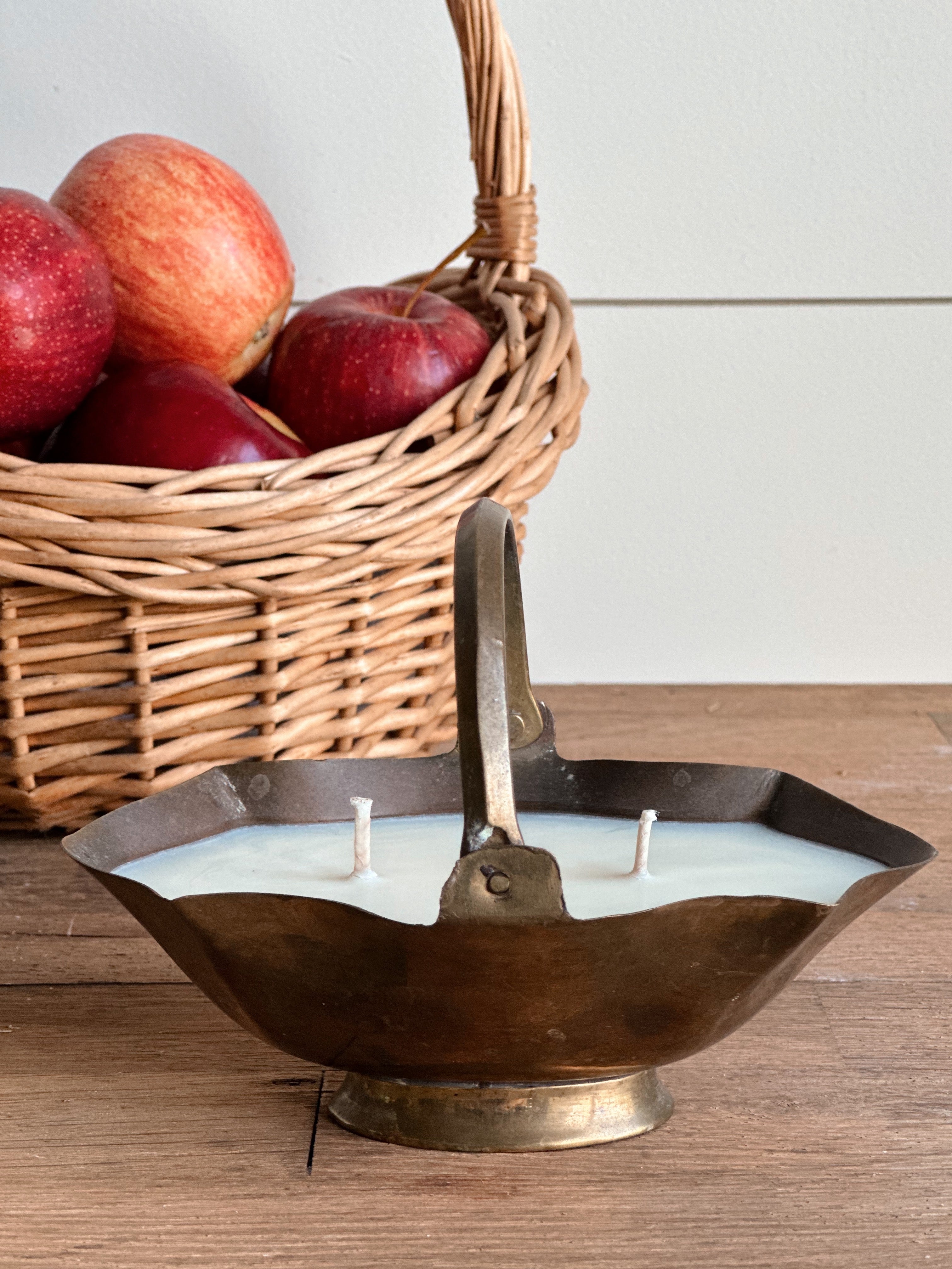 Hand Poured Apple Orchard Candle in a Vintage Brass Basket
