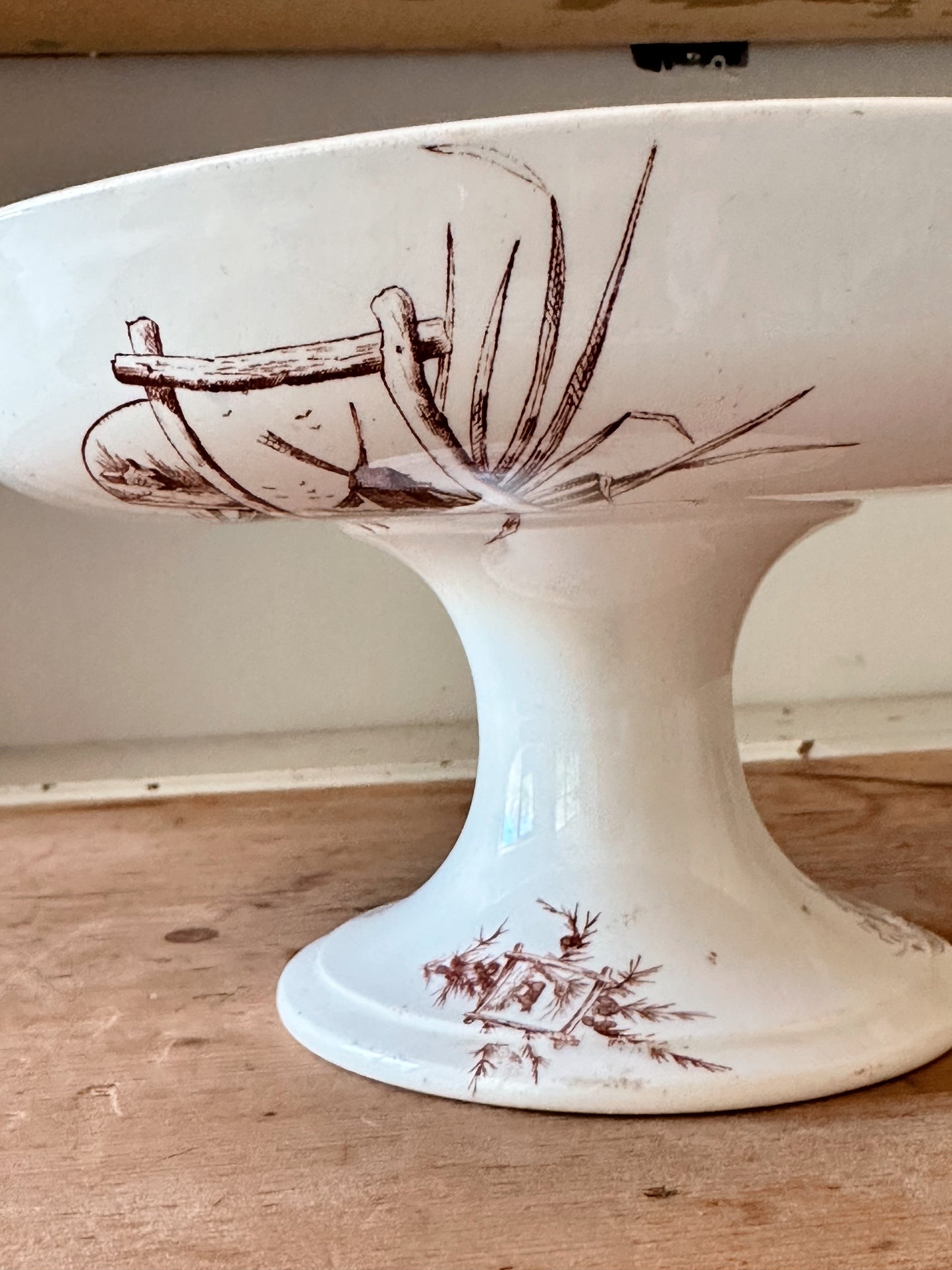 Vintage Brown and White Transferware Compote