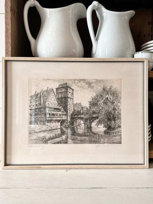 Vintage Signed Etching of the Nuremberg Germany Hangman’s Bridge Canal