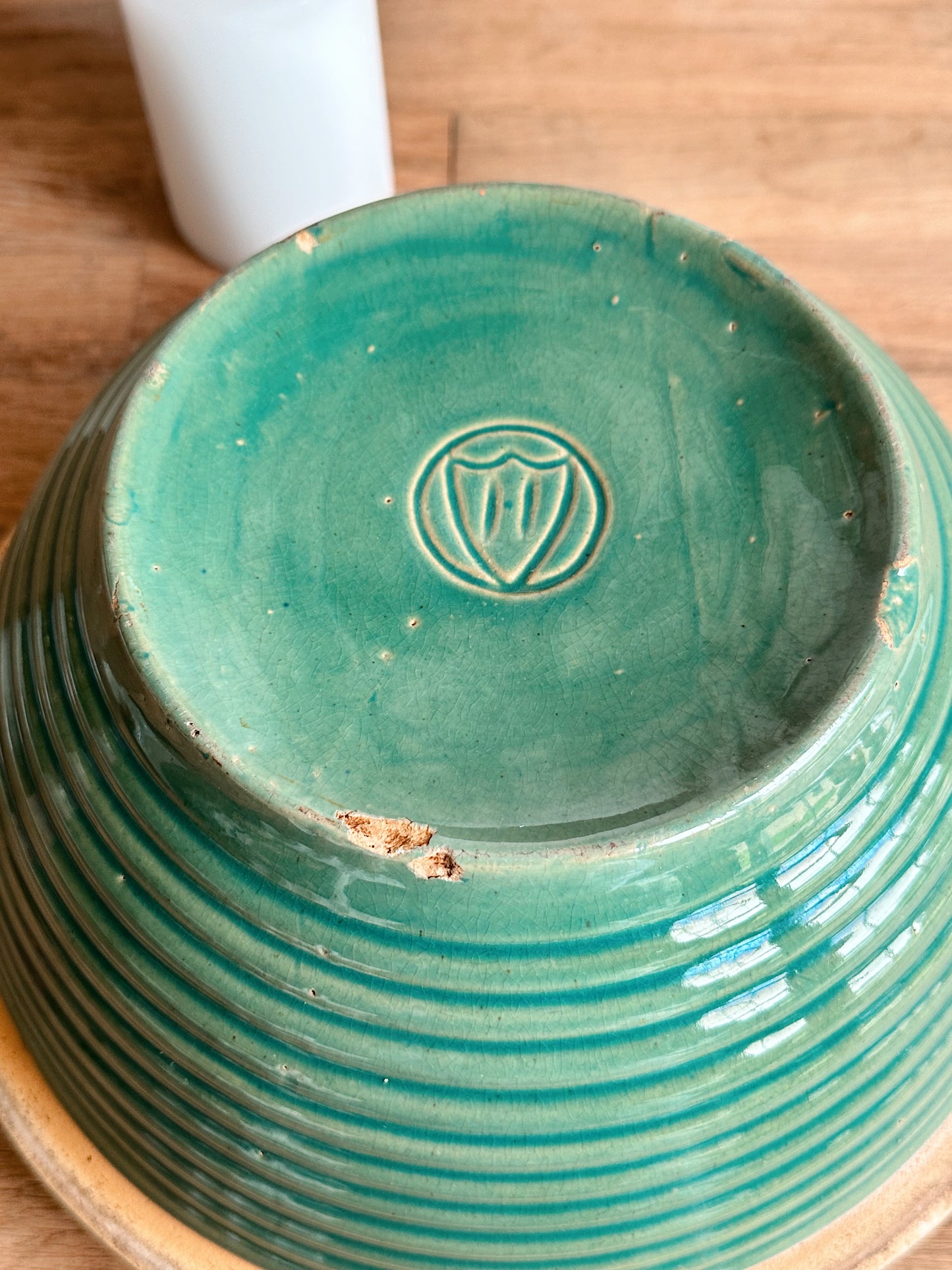 Big Beautiful Vintage Green Ribbed Stoneware Bowl