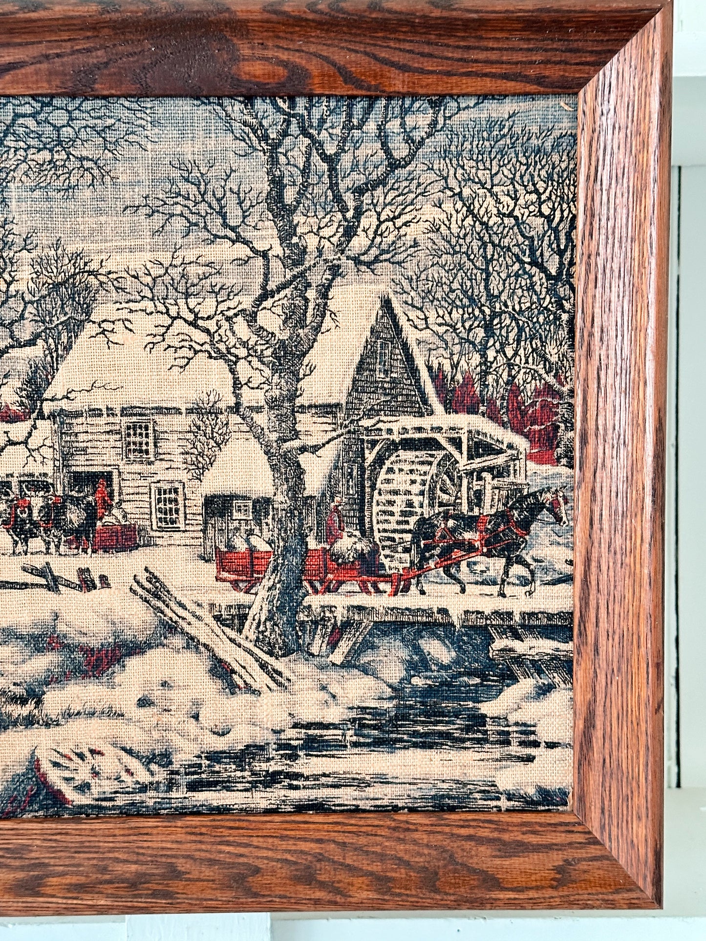 Vintage Framed Kay Dee Linen Wall Hanging, Winter Barn