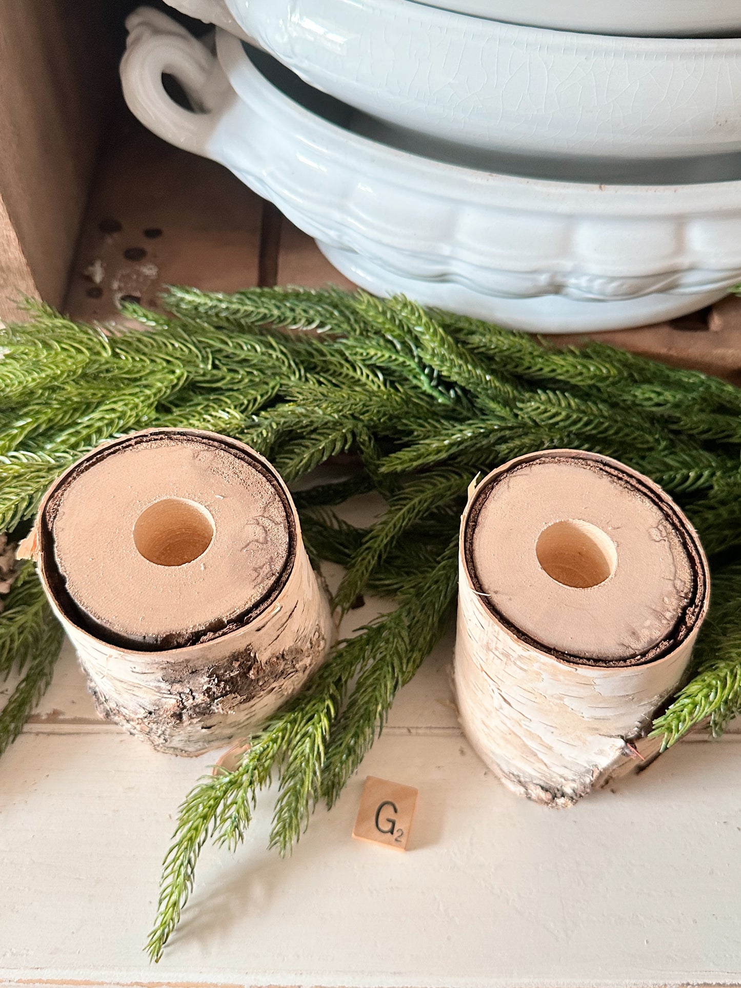 Pair of Handmade Birch Limb Candle Holders