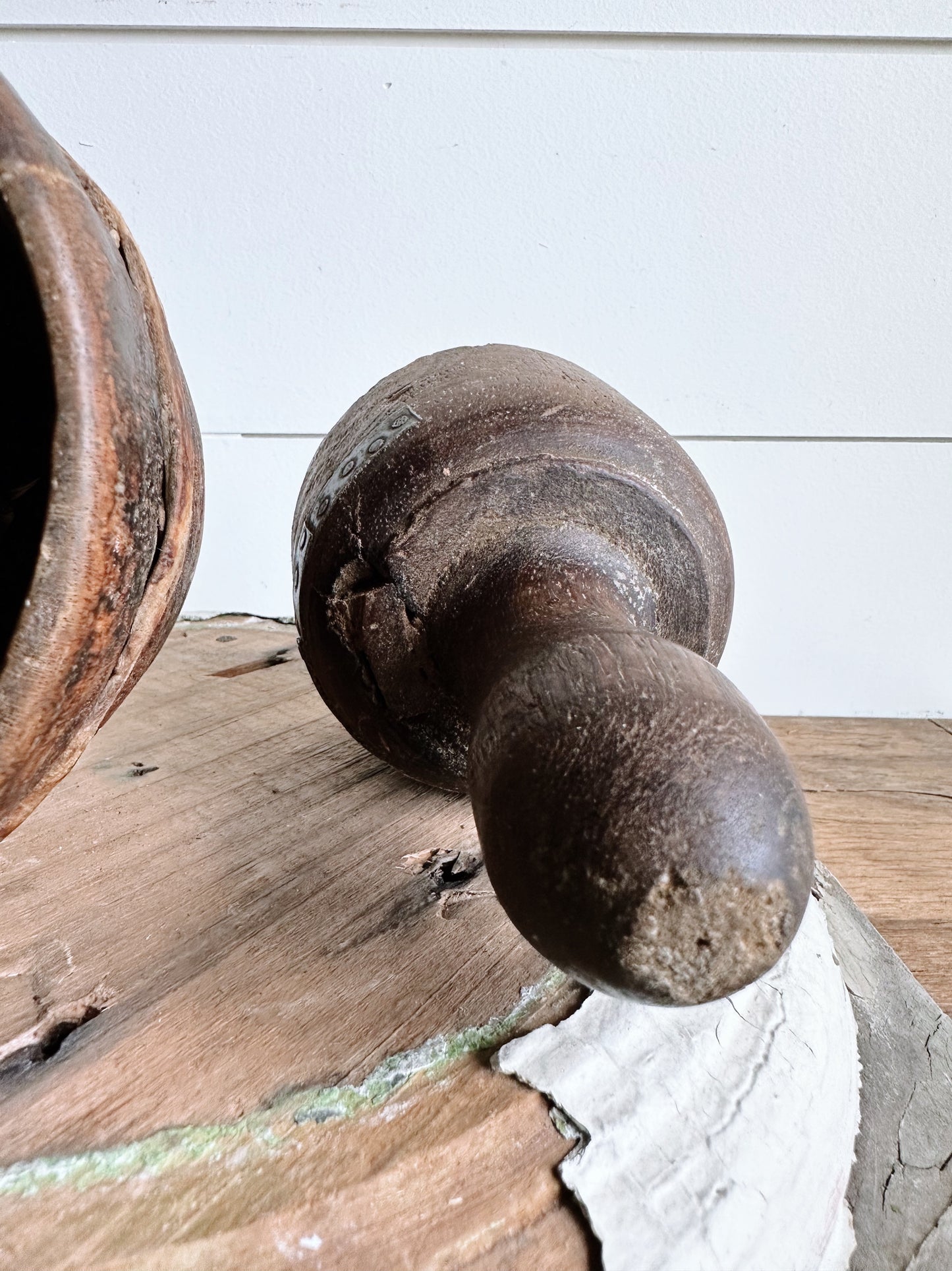 Awesome Primitive Mortar and Pestle with Metal Detail