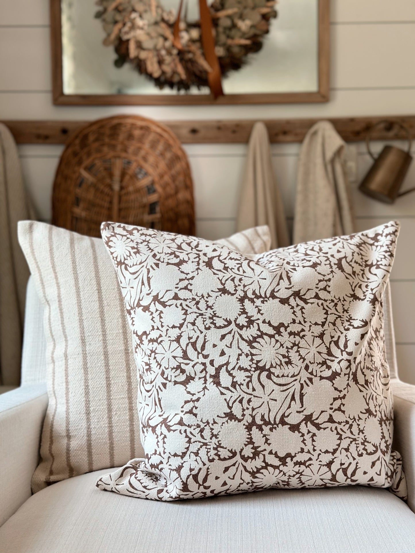 Floral Woven Cotton Pillow Cover in Brown