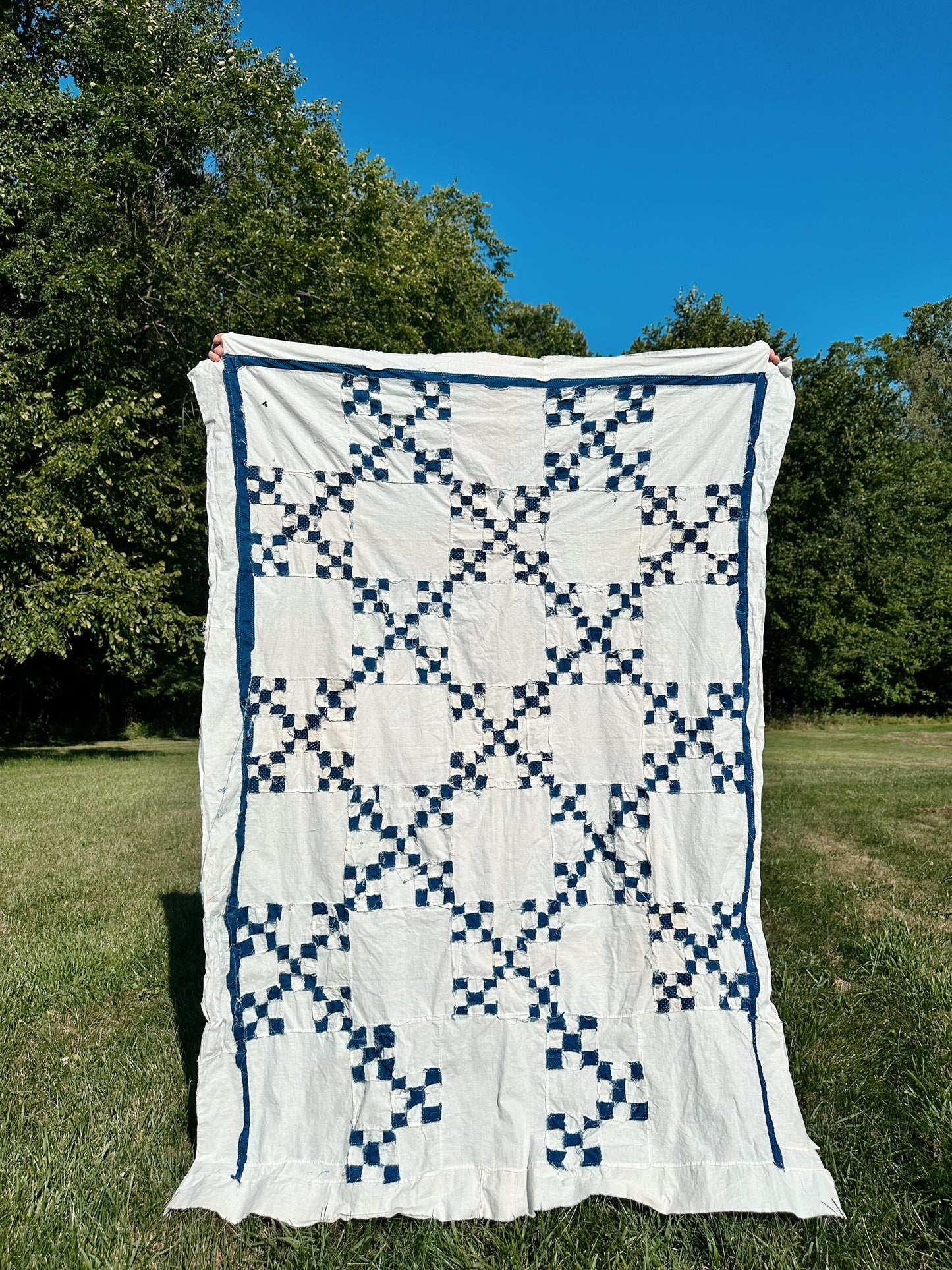 Vintage Hand Stitched Blue & White Double Irish Chain Quilt Top