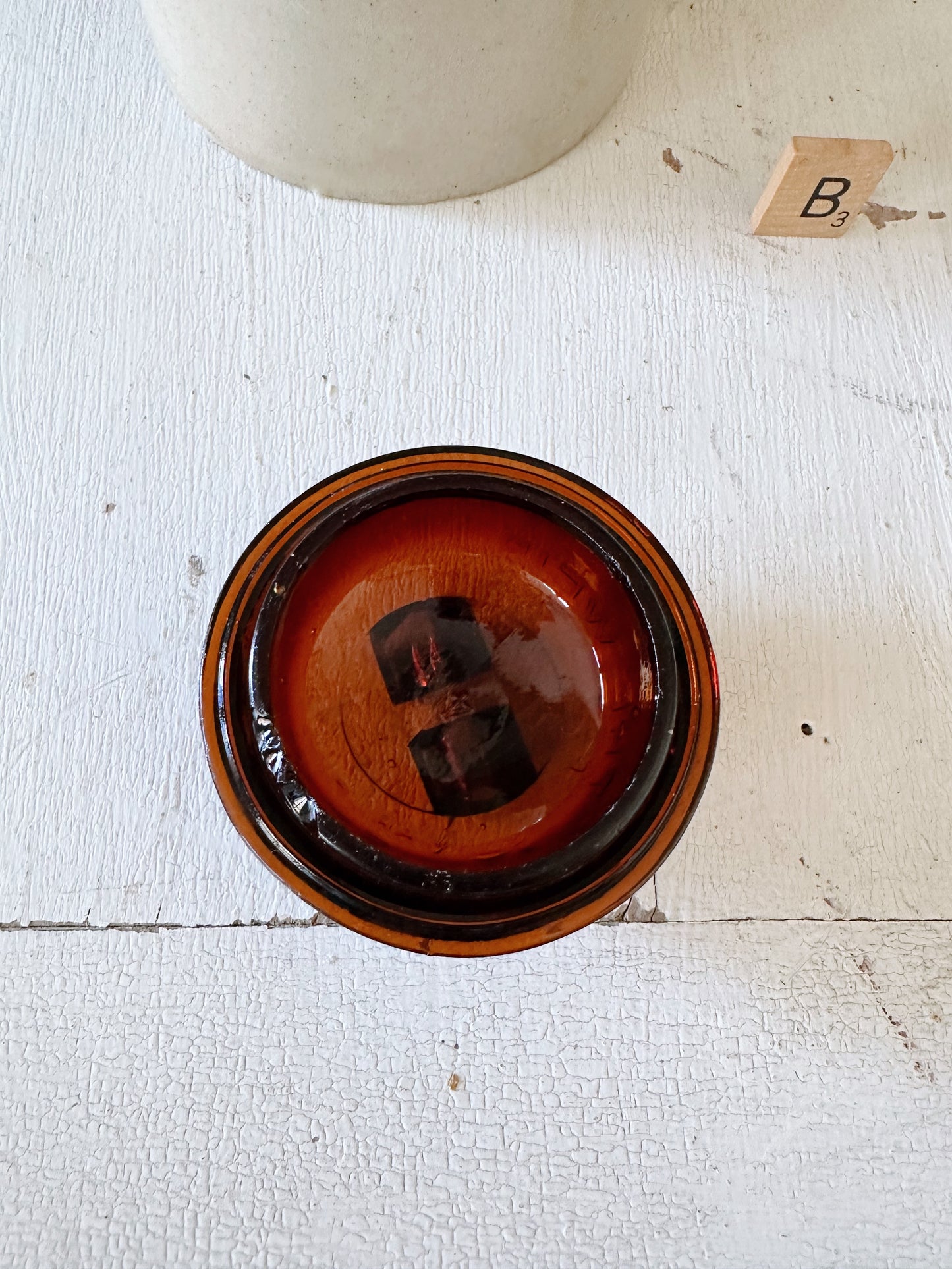 Antique Canning Crock with Amber Glass Lid