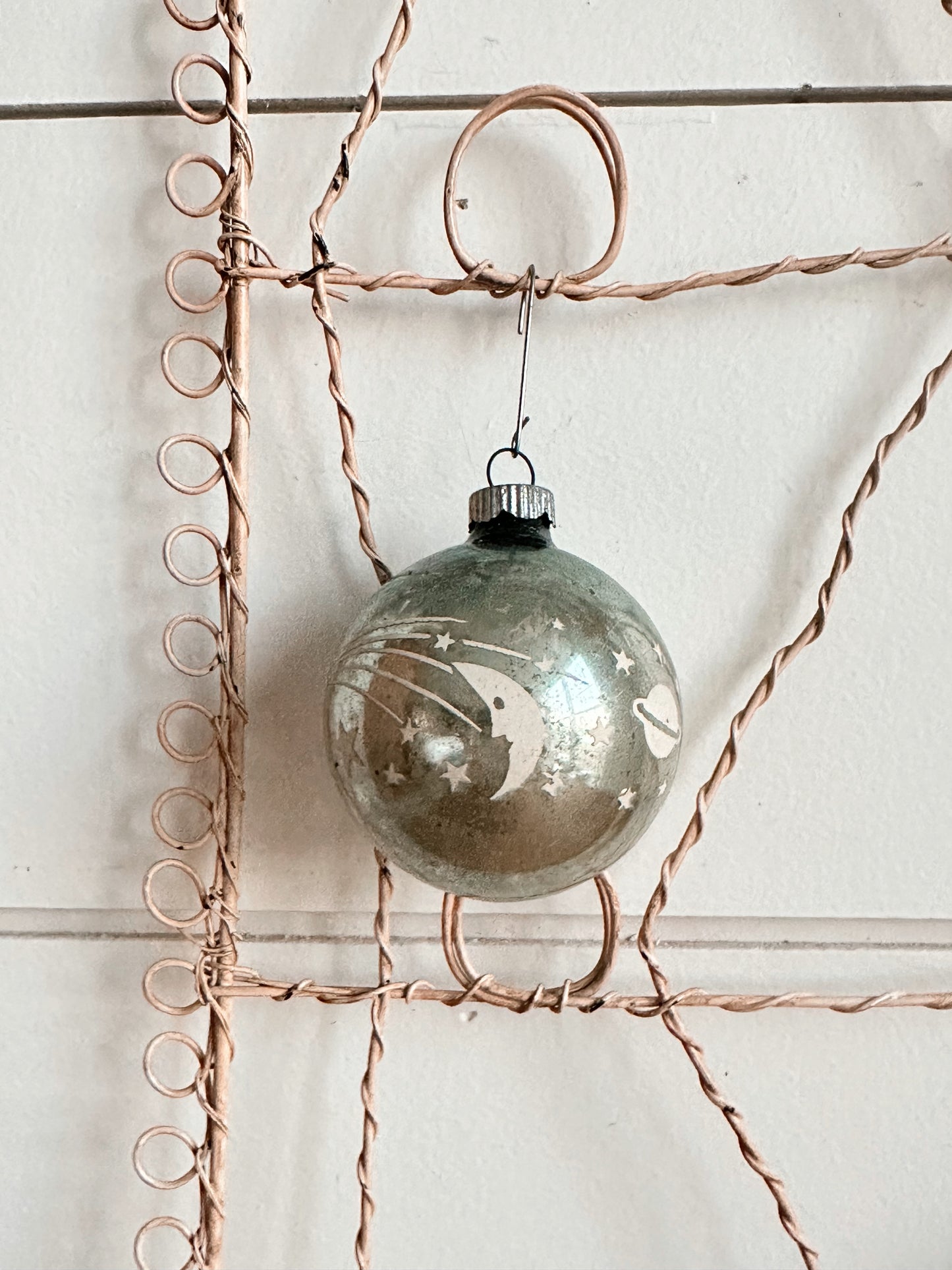 Vintage Chippy Wire Card Holder and Vintage Ornaments