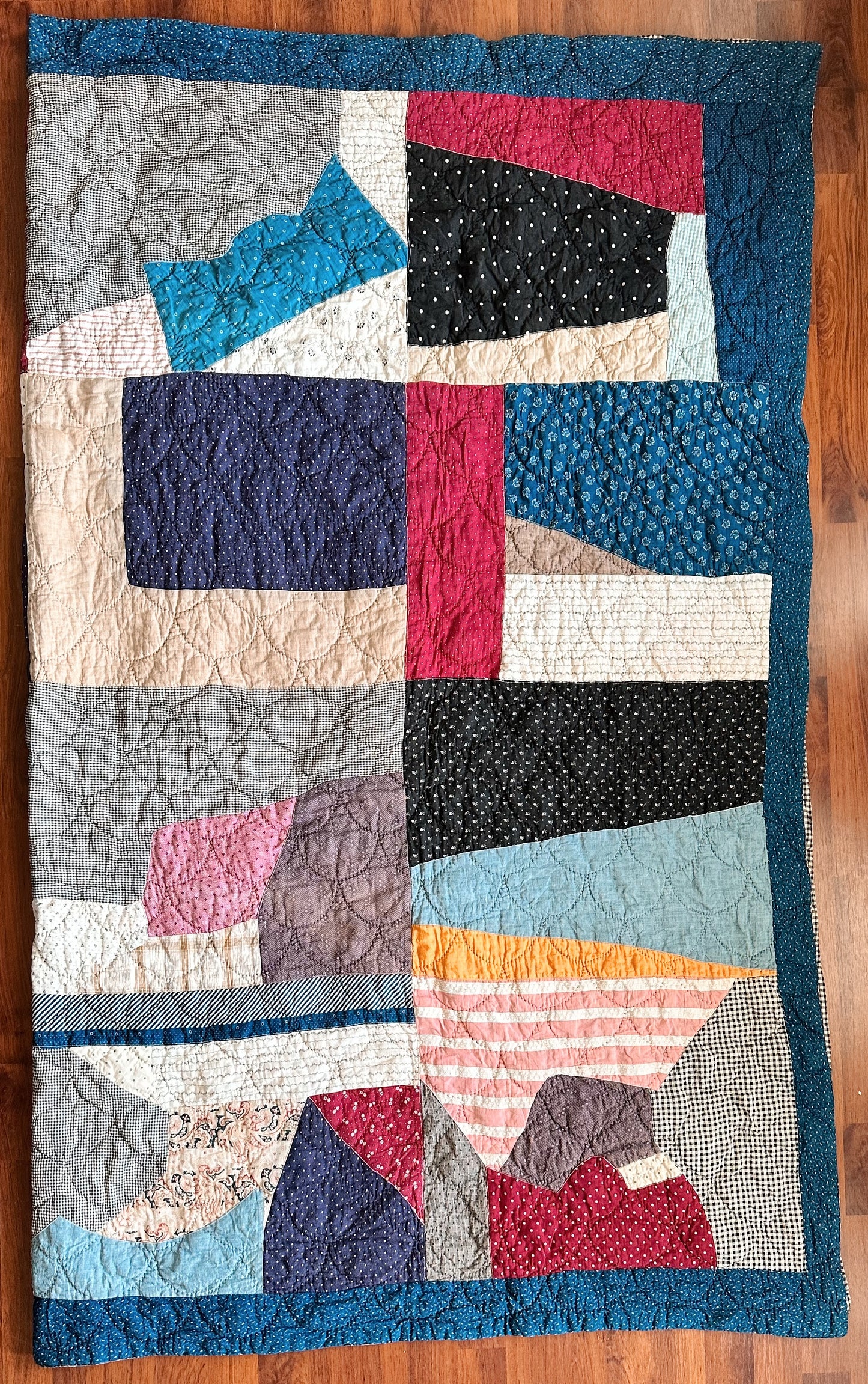 Vintage Hand Quilted Abstract Patchwork Quilt