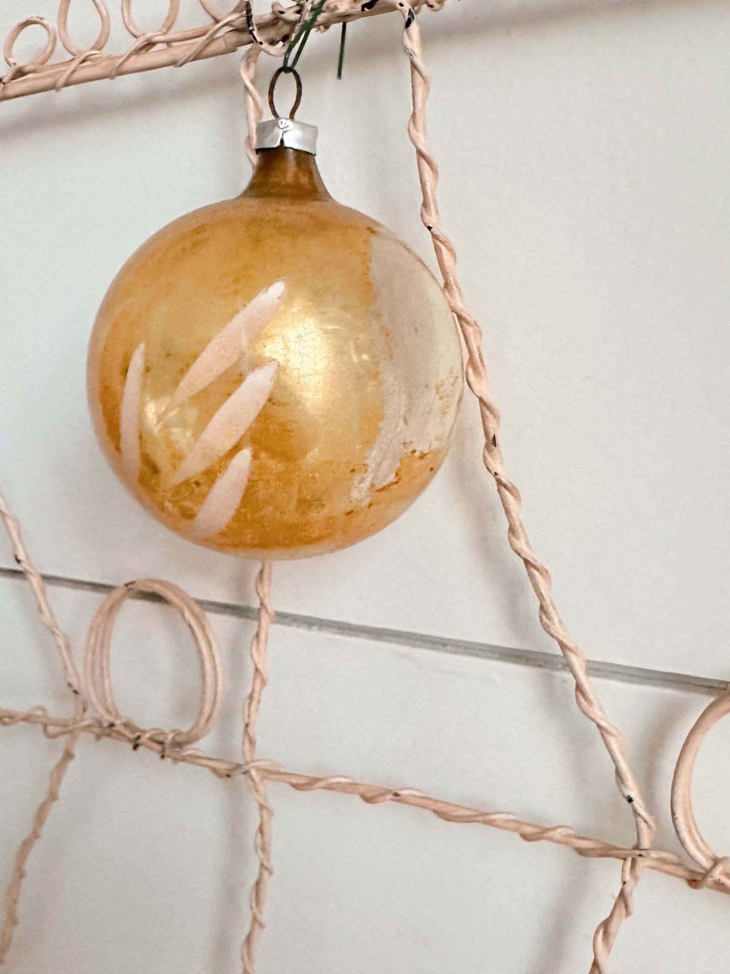 Vintage Chippy Wire Card Holder and Vintage Ornaments