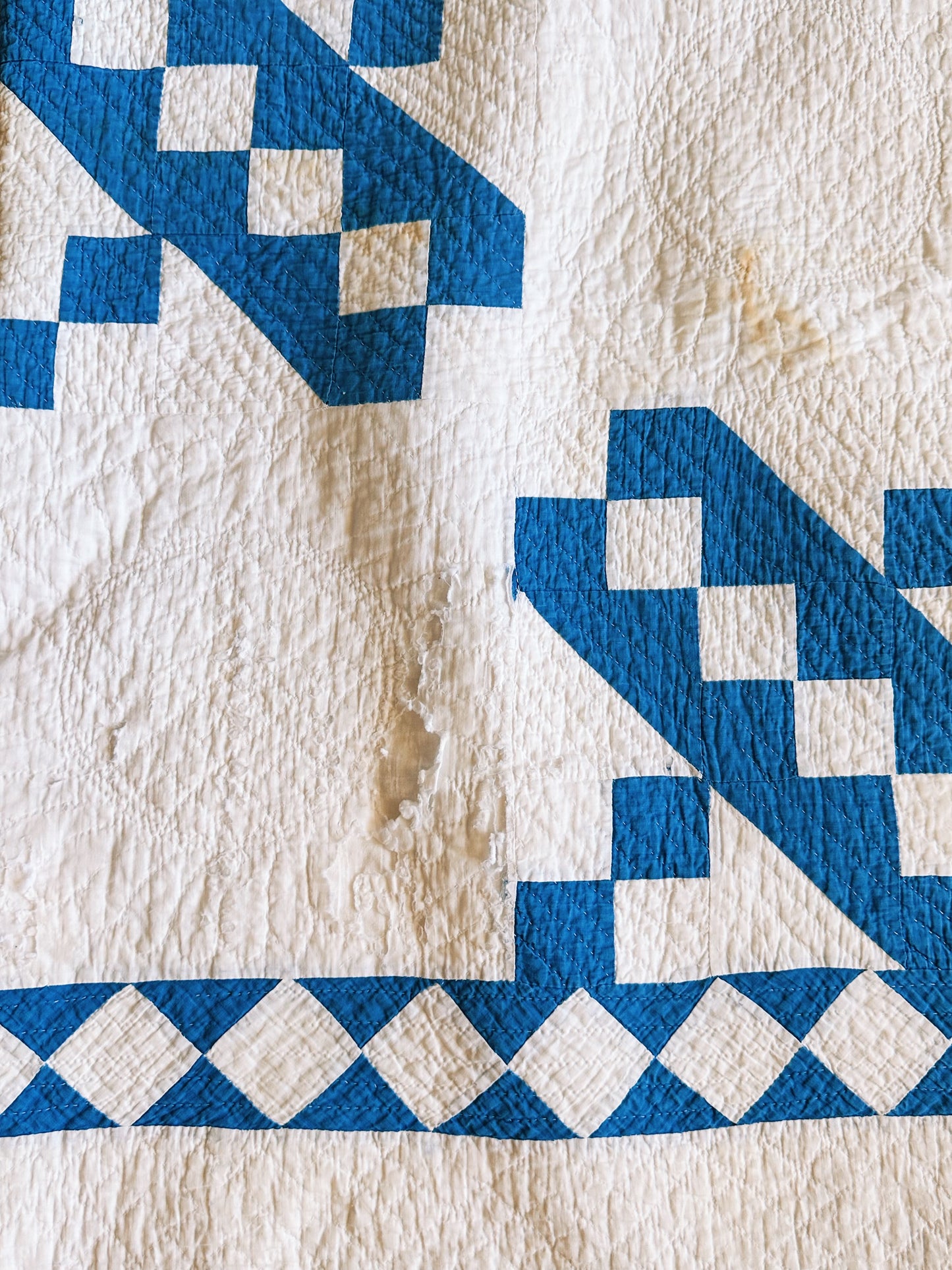 Antique Blue & White Roman Stripe Quilt, Hand Pieced & Hand Quilted