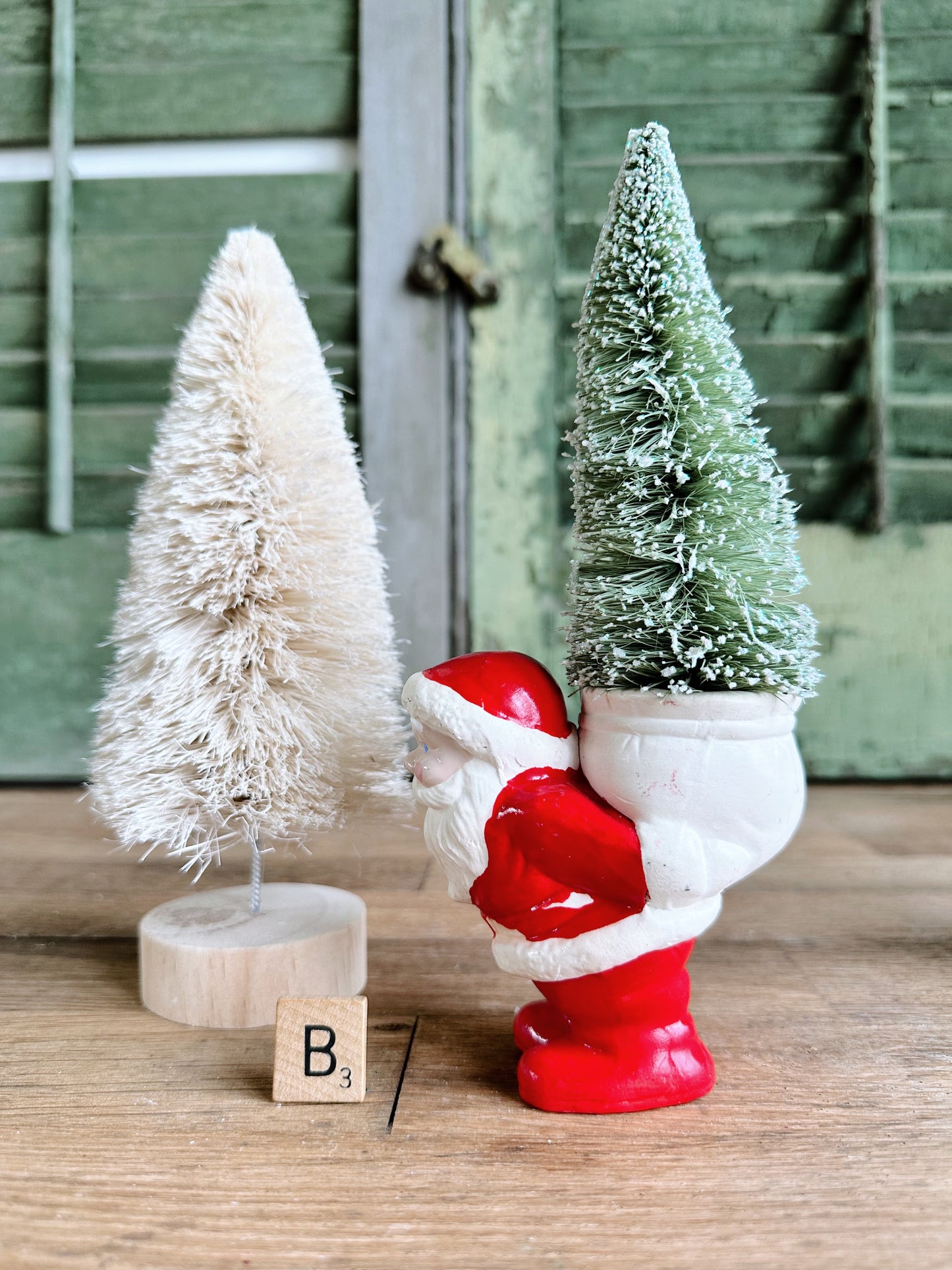 Vintage Hand Painted Santa & Bottlebrush Tree