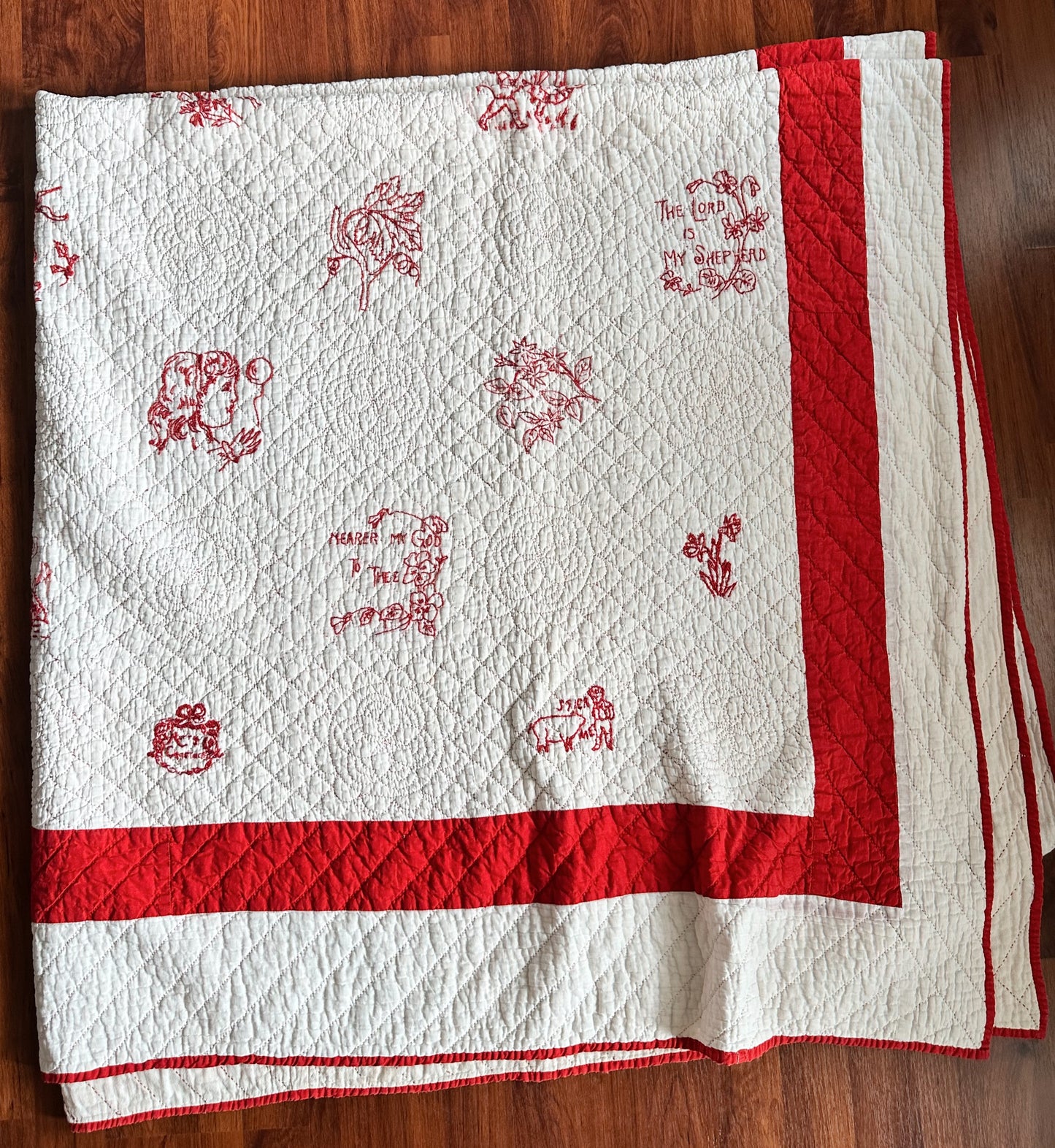 Antique Early 20th Century Redwork Embroidered Hand-Quilted Quilt