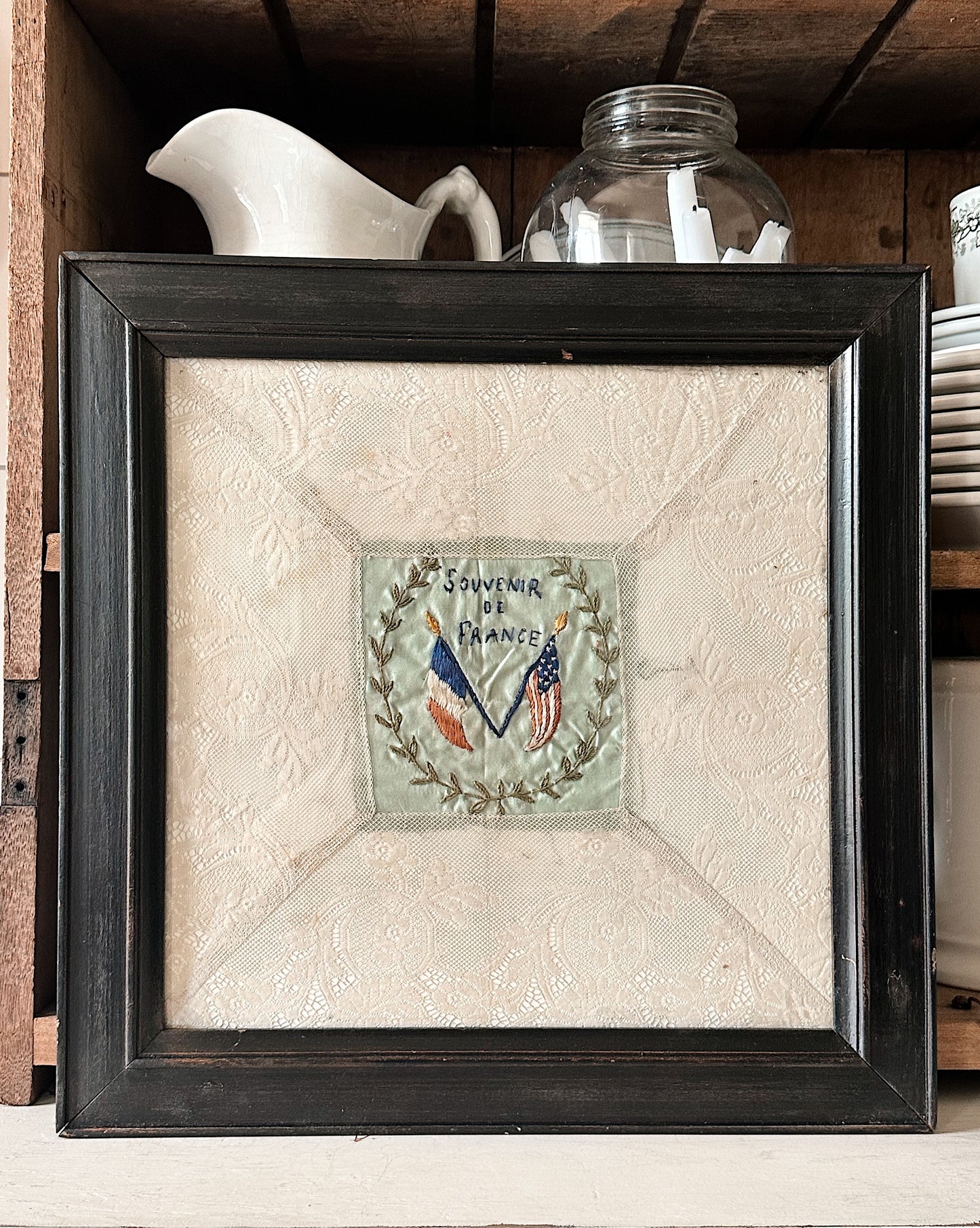 Framed WW1 Antique French Silk & Lace Embroidery Piece