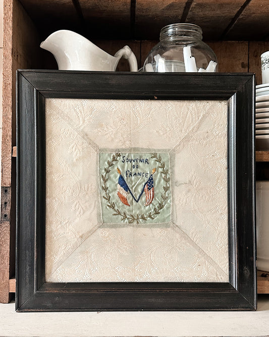 Framed WW1 Antique French Silk & Lace Embroidery Piece